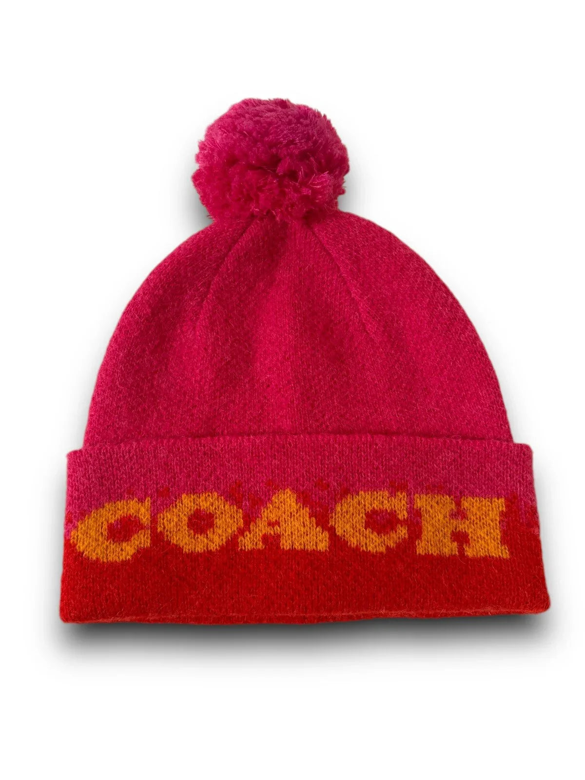 Coach Wool Blended Pom Pom Beanie Hat Pink & Yellow O/S - Trendiez U ♥ 