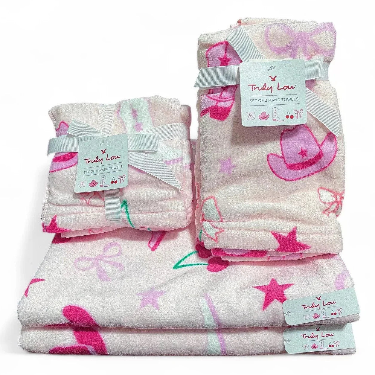 Cowgirl Country Cottage Pink Bows Bath Towel Set of 8 100% Cotton Truly Lou - Trendiez U ♥ 