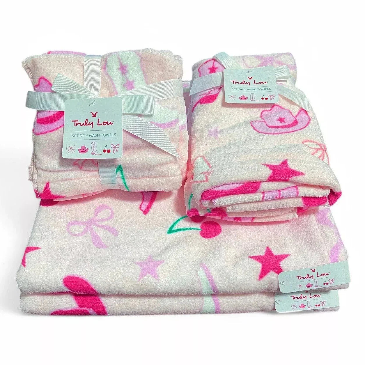 Cowgirl Country Cottage Pink Bows Bath Towel Set of 8 100% Cotton Truly Lou - Trendiez U ♥ 