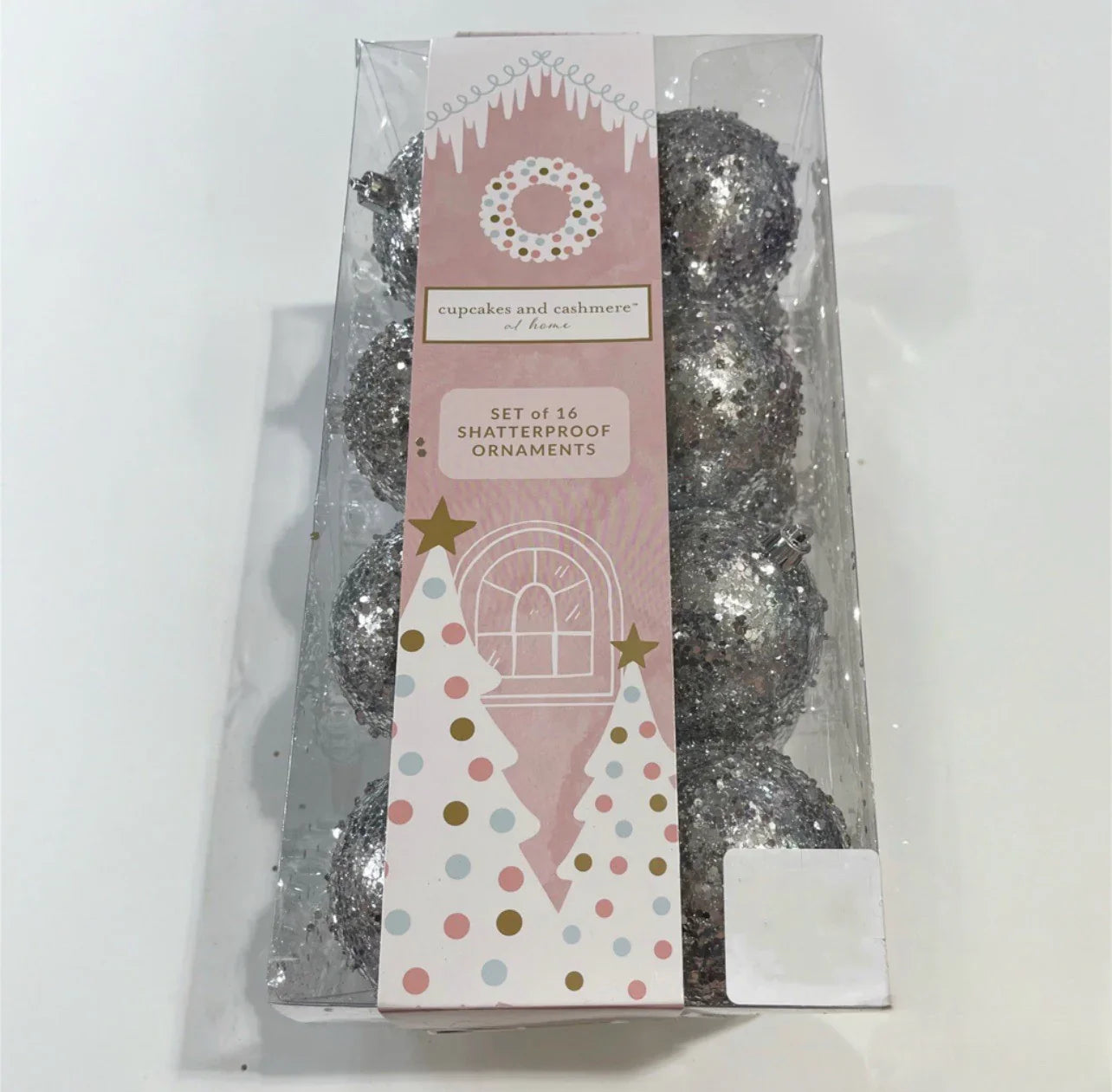 Cupcakes and Cashmere Christmas Tree Ornaments 16pc Silver Glitter Shatterproof - Trendiez U ♥ 