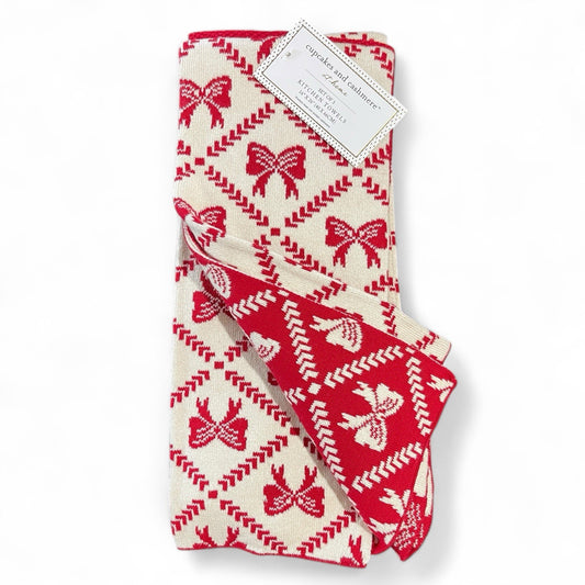 Cupcakes and Cashmere Kitchen Towel Set - Heavy Knit Sweater Red Christmas Bows - Trendiez U ♥ 