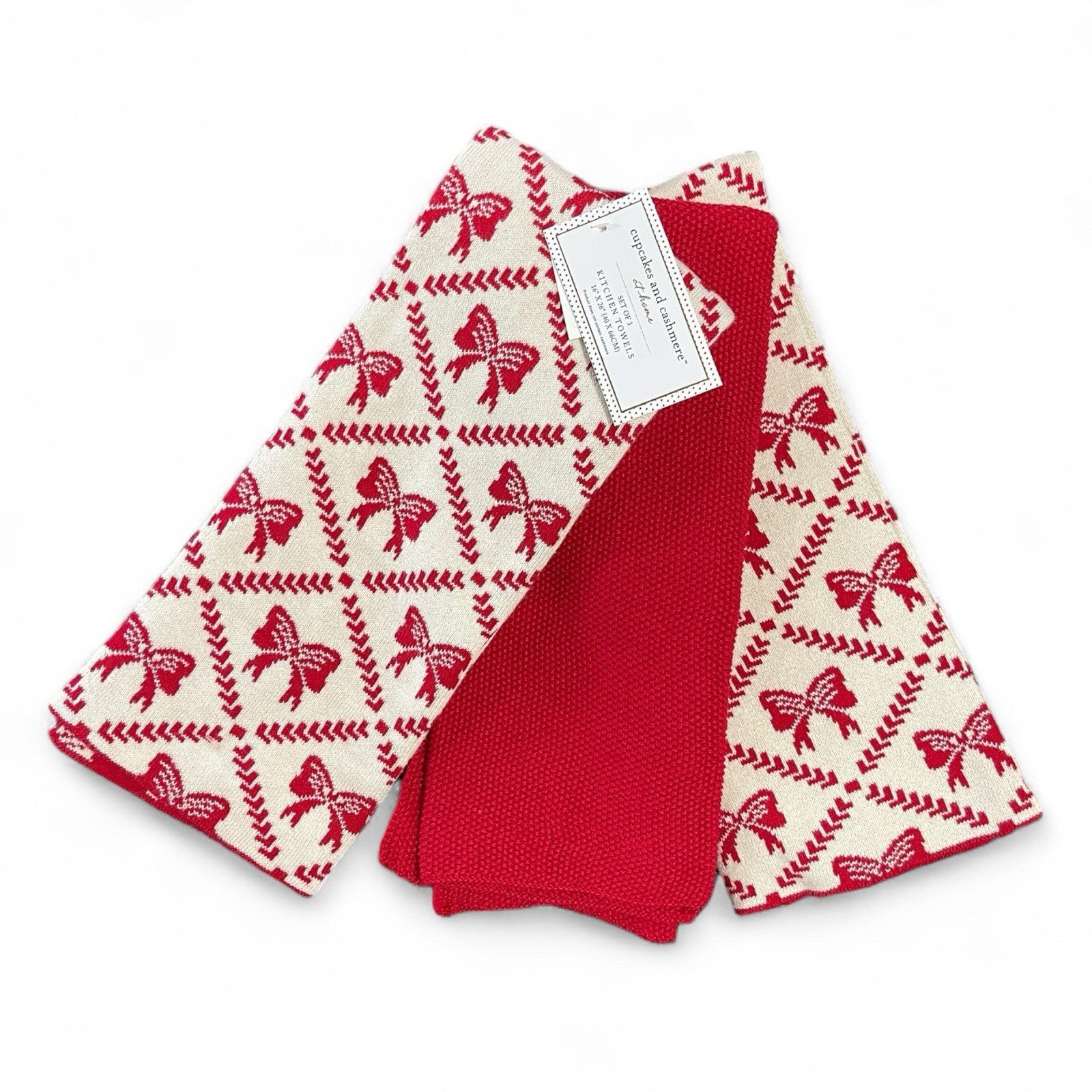 Cupcakes and Cashmere Kitchen Towel Set - Heavy Knit Sweater Red Christmas Bows - Trendiez U ♥ 