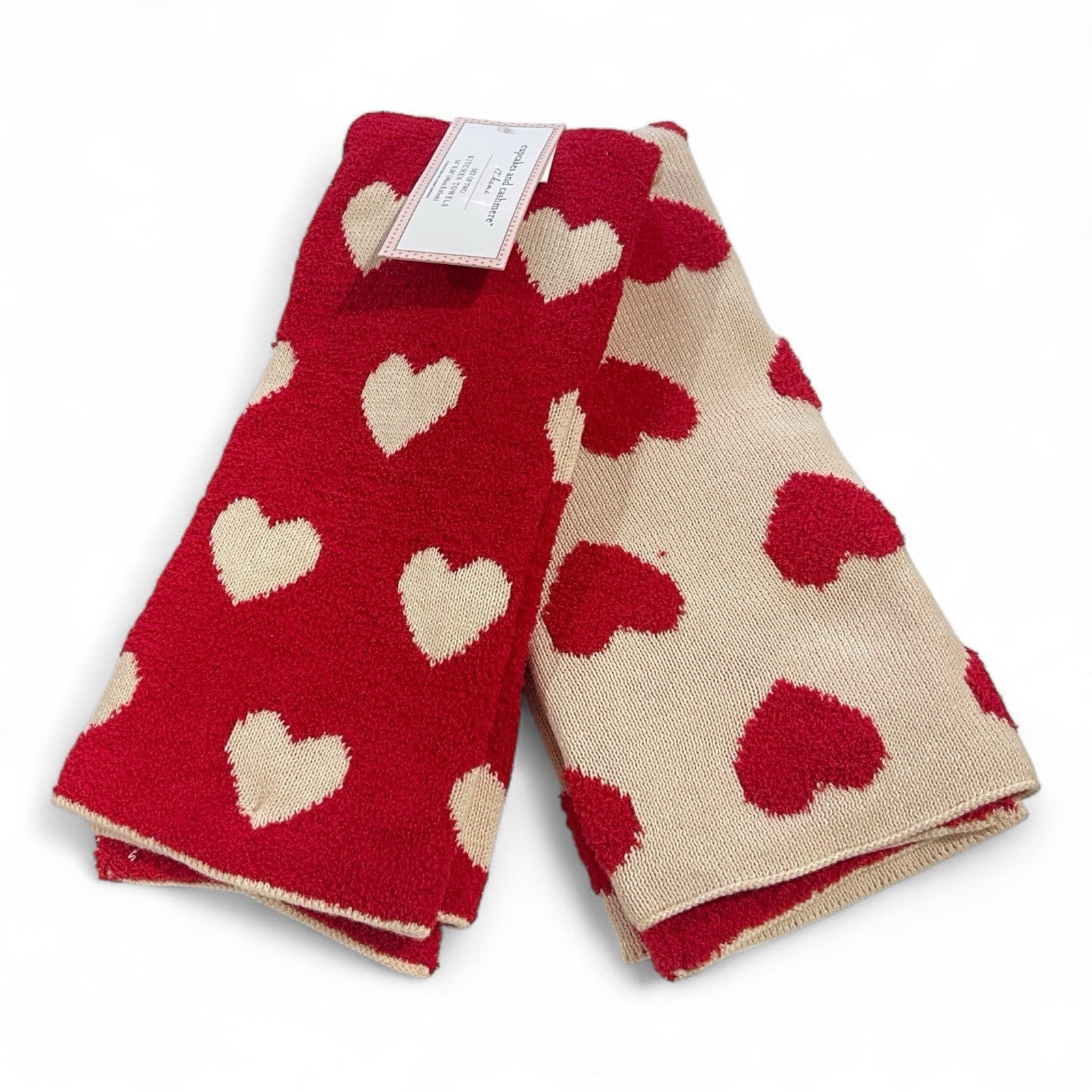 Cupcakes and Cashmere Kitchen Towels – 2-Pack Red & Cream Heart Knit - Trendiez U ♥ 