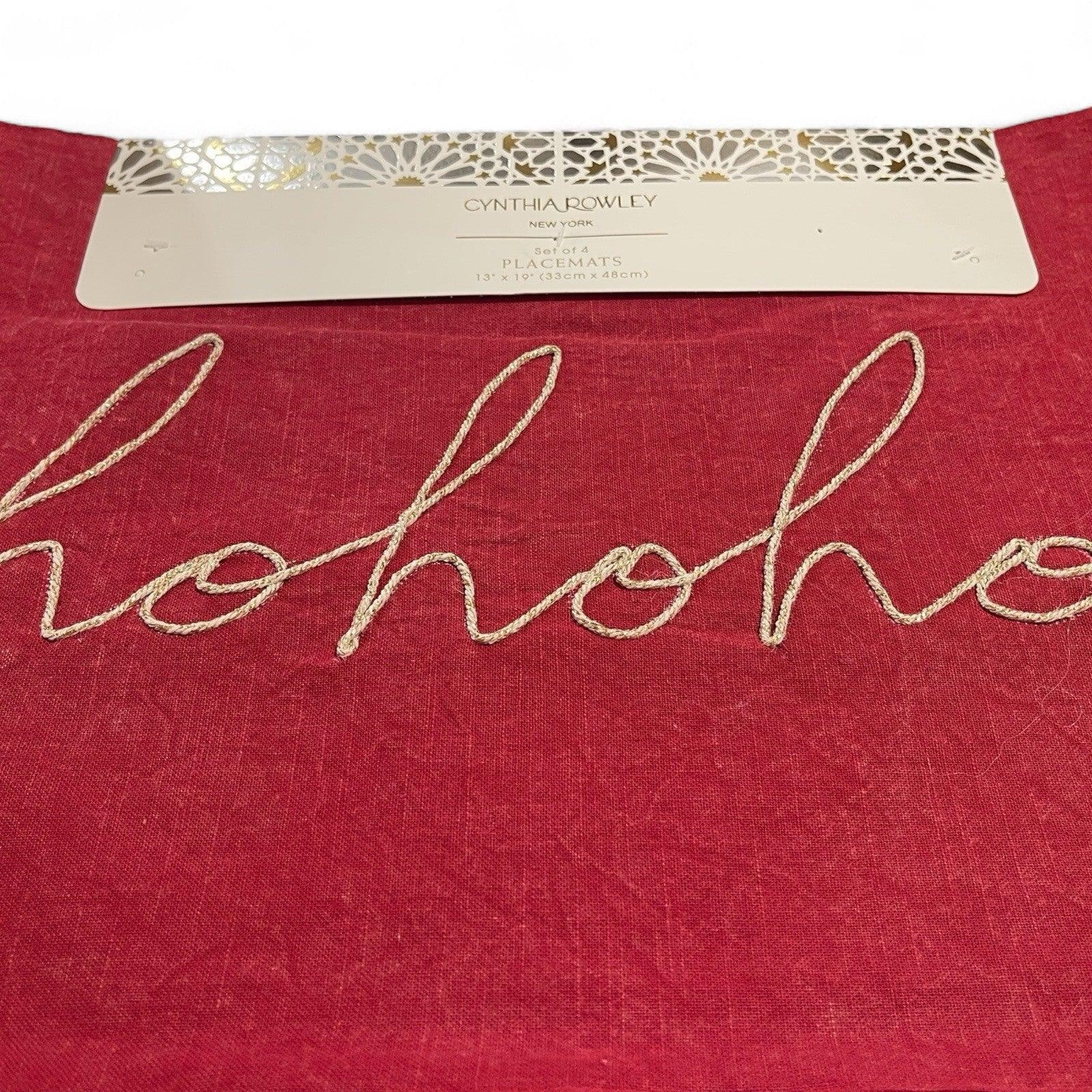 Cynthia Rowley Green/Red “Hohoho” Placemats 4PC Embroidered Christmas Farmhouse - Trendiez U ♥ 