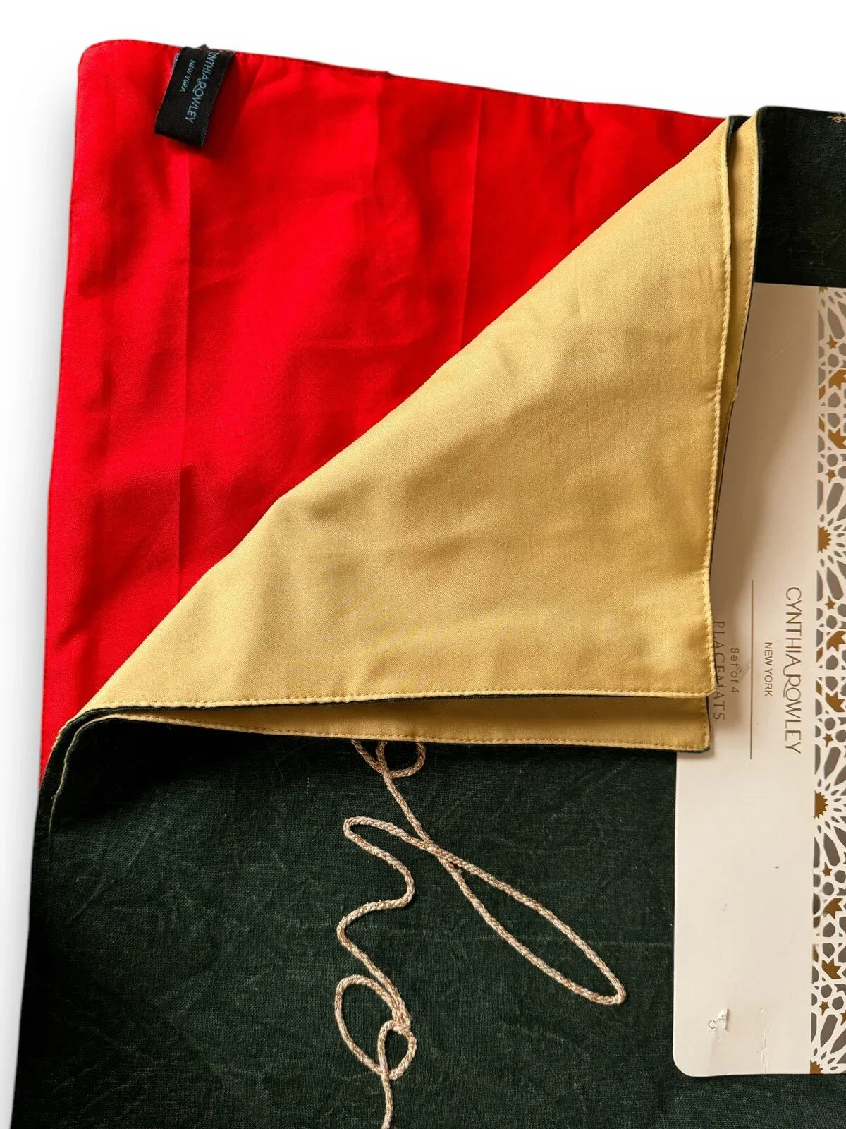Cynthia Rowley Green/Red “Hohoho” Placemats 4PC Embroidered Christmas Farmhouse - Trendiez U ♥ 