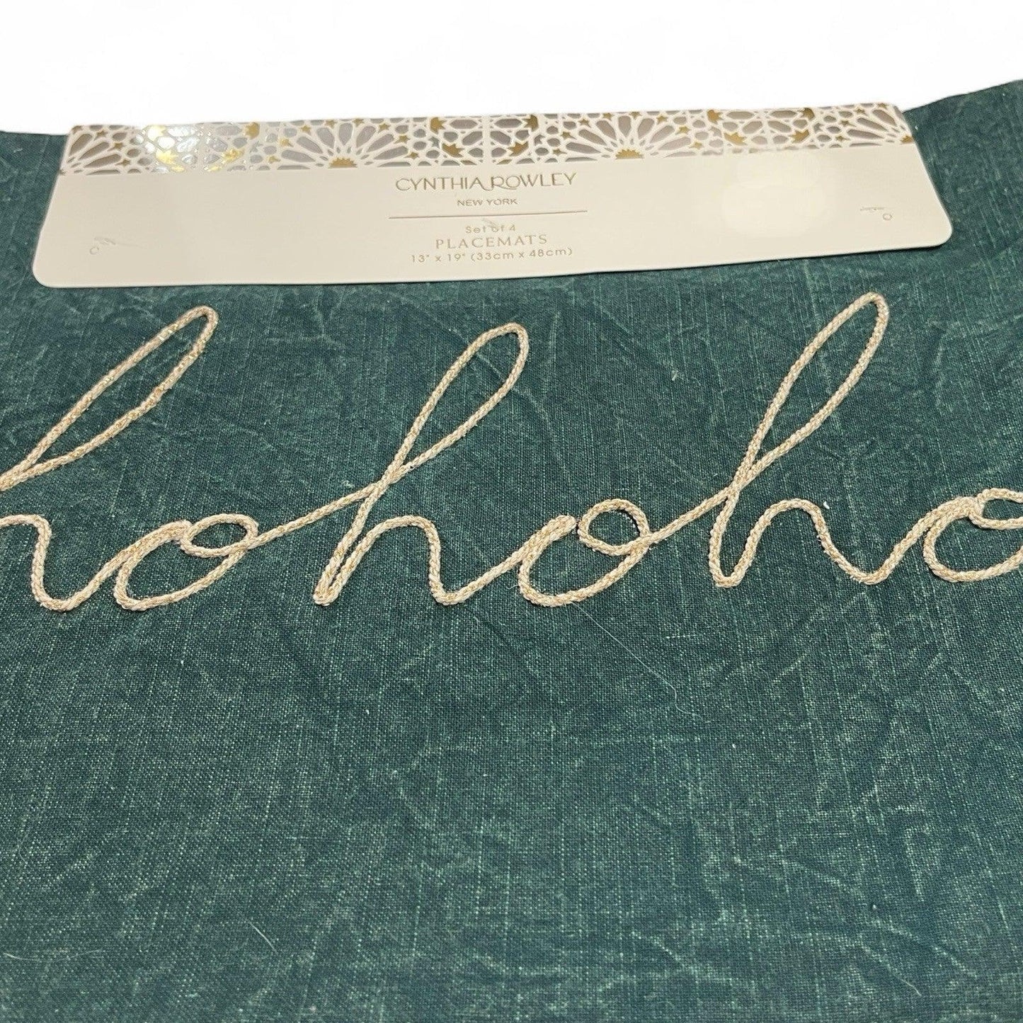 Cynthia Rowley Green/Red “Hohoho” Placemats 4PC Embroidered Christmas Farmhouse - Trendiez U ♥ 