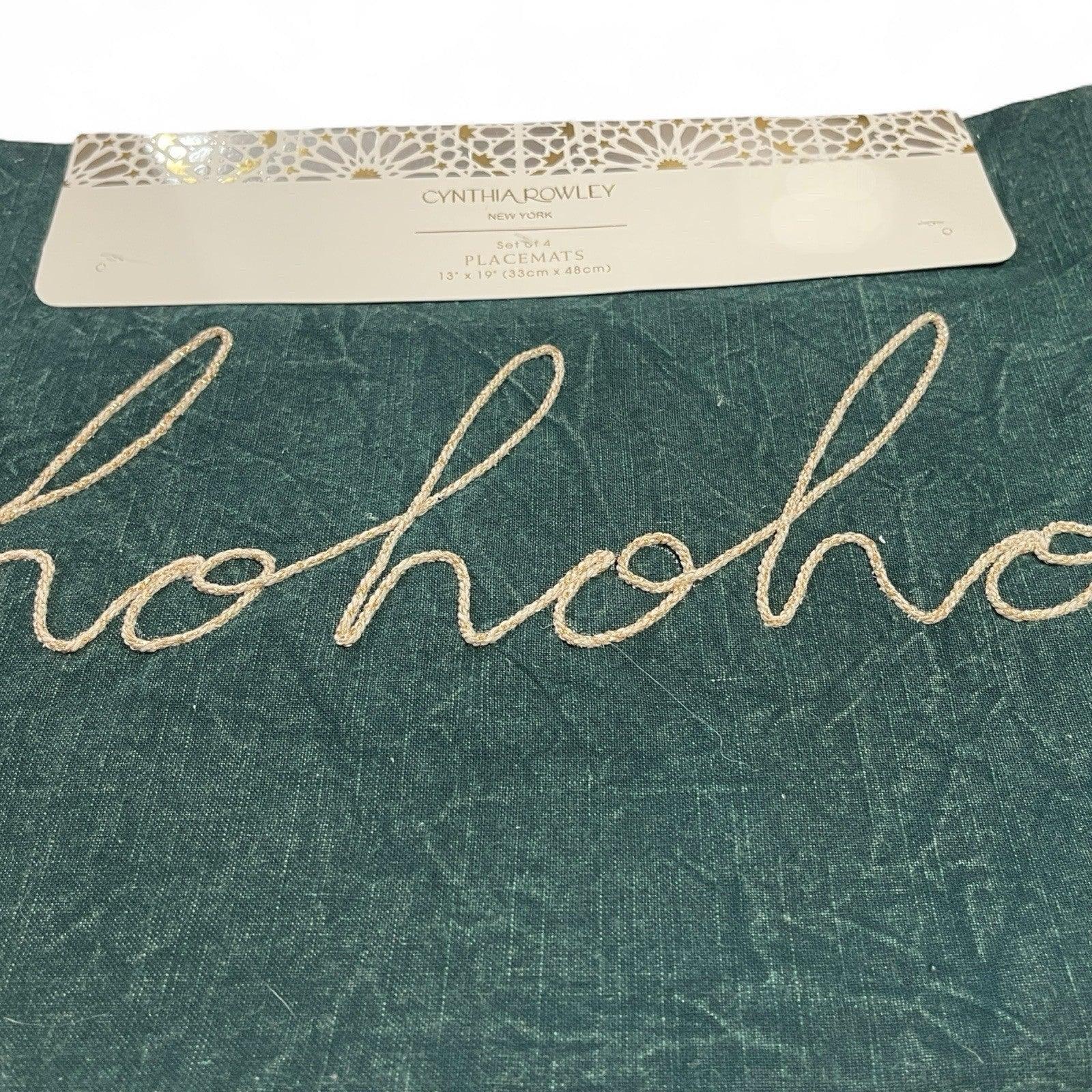 Cynthia Rowley Green/Red “Hohoho” Placemats 4PC Embroidered Christmas Farmhouse - Trendiez U ♥ 