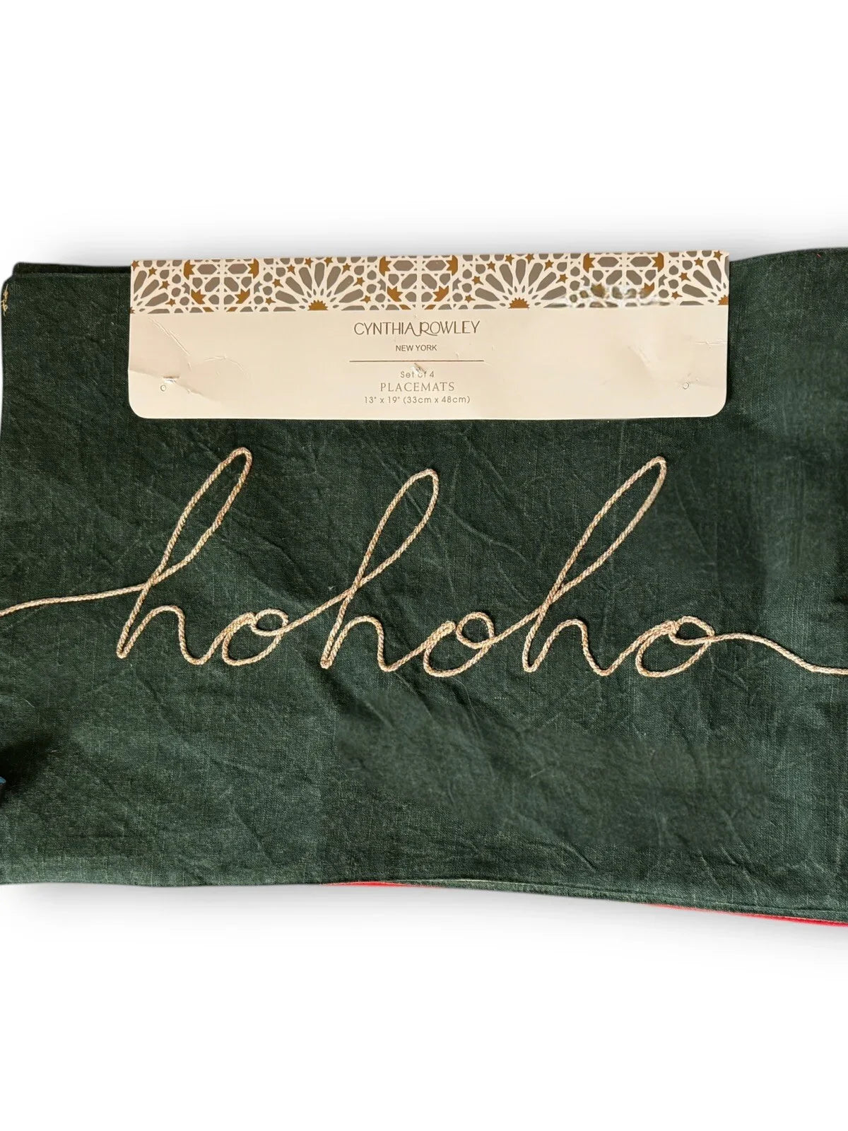 Cynthia Rowley Green/Red “Hohoho” Placemats 4PC Embroidered Christmas Farmhouse - Trendiez U ♥ 