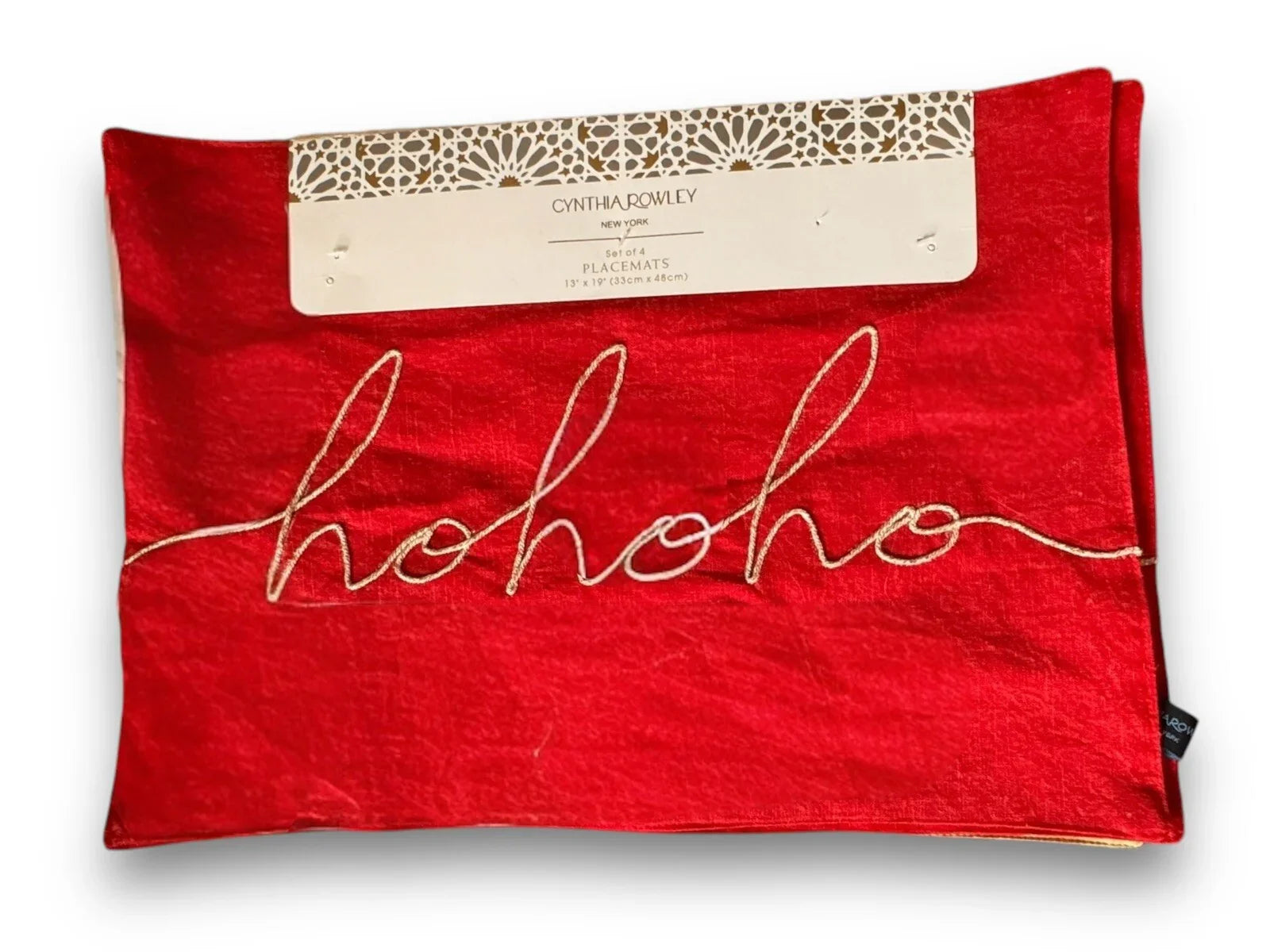 Cynthia Rowley Green/Red “Hohoho” Placemats 4PC Embroidered Christmas Farmhouse - Trendiez U ♥ 