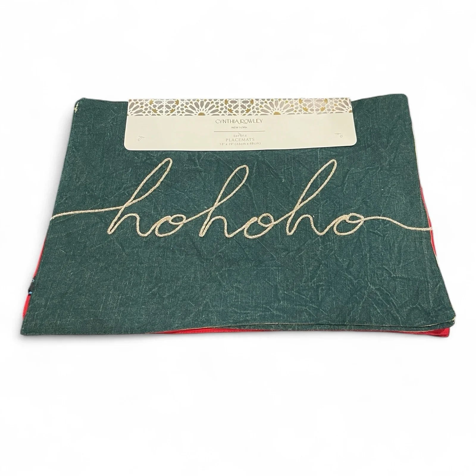 Cynthia Rowley Green/Red “Hohoho” Placemats 4PC Embroidered Christmas Farmhouse - Trendiez U ♥ 