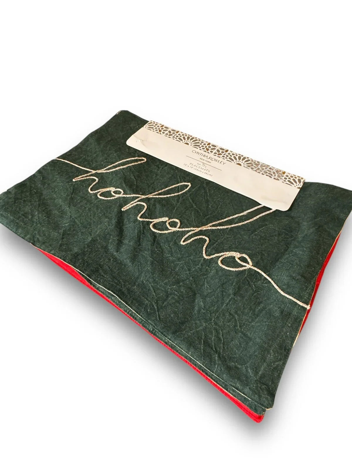 Cynthia Rowley Green/Red “Hohoho” Placemats 4PC Embroidered Christmas Farmhouse - Trendiez U ♥ 