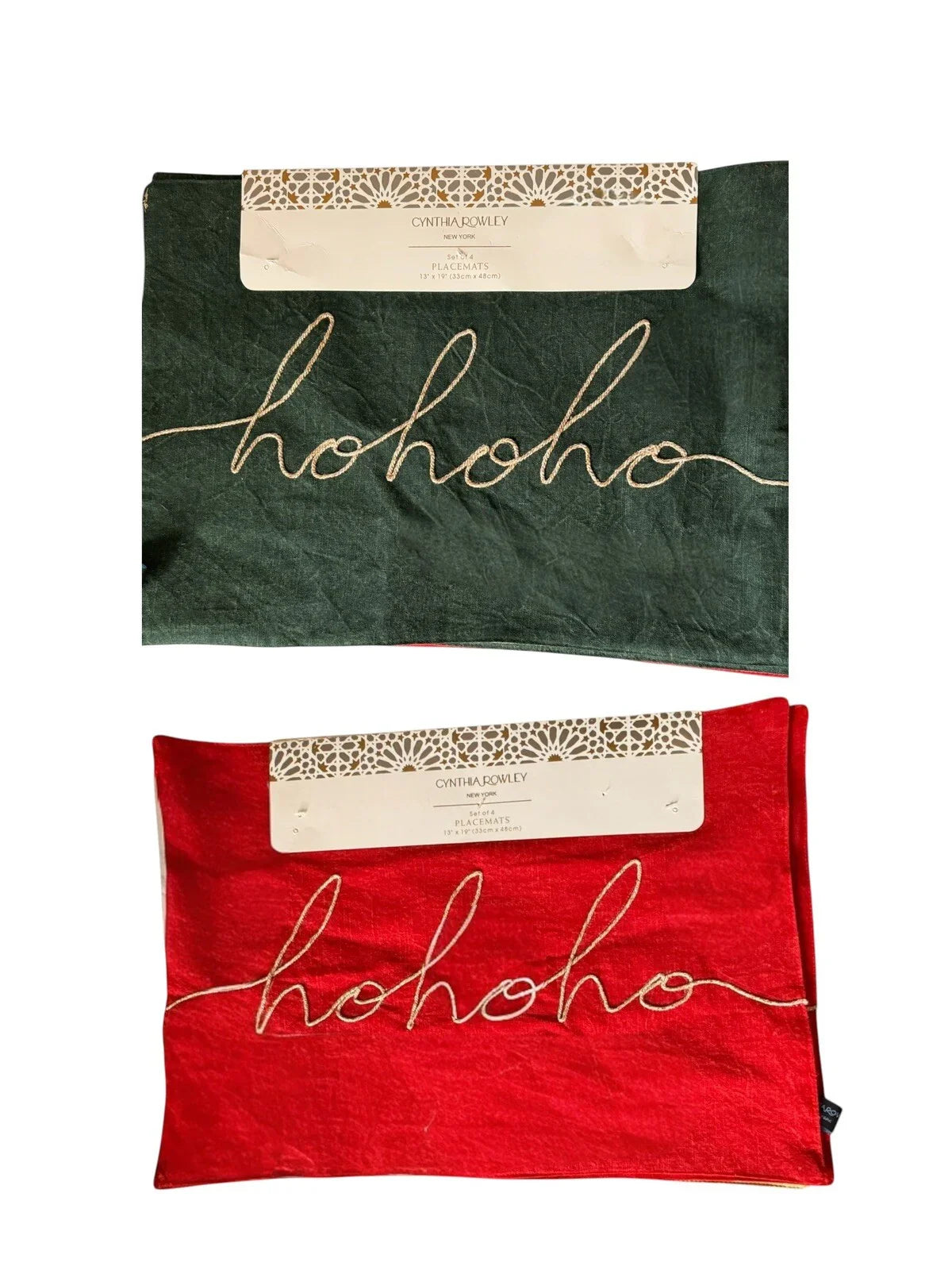Cynthia Rowley Green/Red “Hohoho” Placemats 4PC Embroidered Christmas Farmhouse - Trendiez U ♥ 