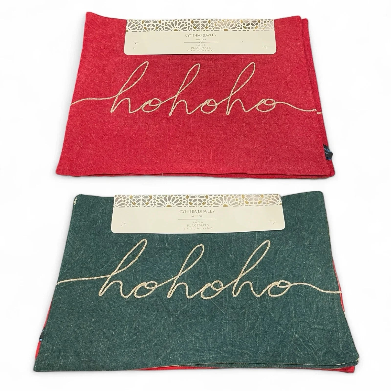 Cynthia Rowley Green/Red “Hohoho” Placemats 4PC Embroidered Christmas Farmhouse - Trendiez U ♥ 