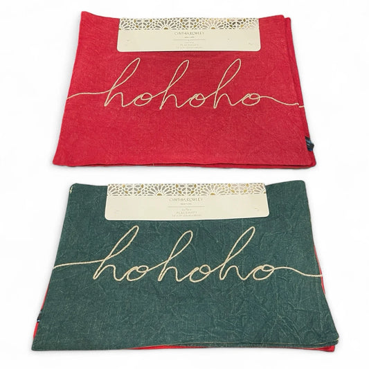 Cynthia Rowley Green/Red “Hohoho” Placemats 4PC Embroidered Christmas Farmhouse - Trendiez U ♥ 