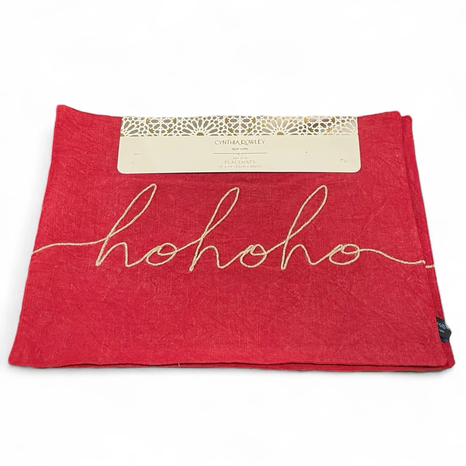 Cynthia Rowley Green/Red “Hohoho” Placemats 4PC Embroidered Christmas Farmhouse - Trendiez U ♥ 