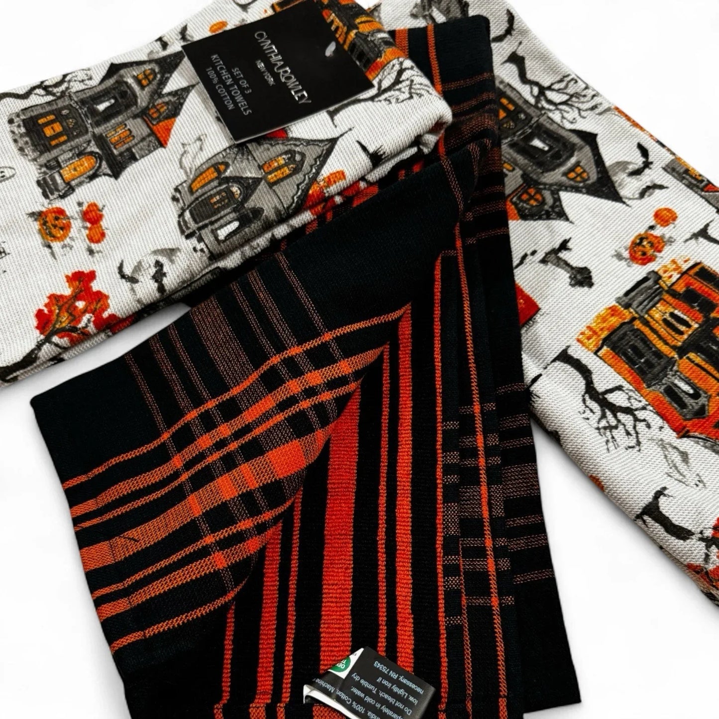 Cynthia Rowley Halloween Kitchen Towels, Haunted Houses Black and Orange, 100% Cotton - Trendiez U ♥ 