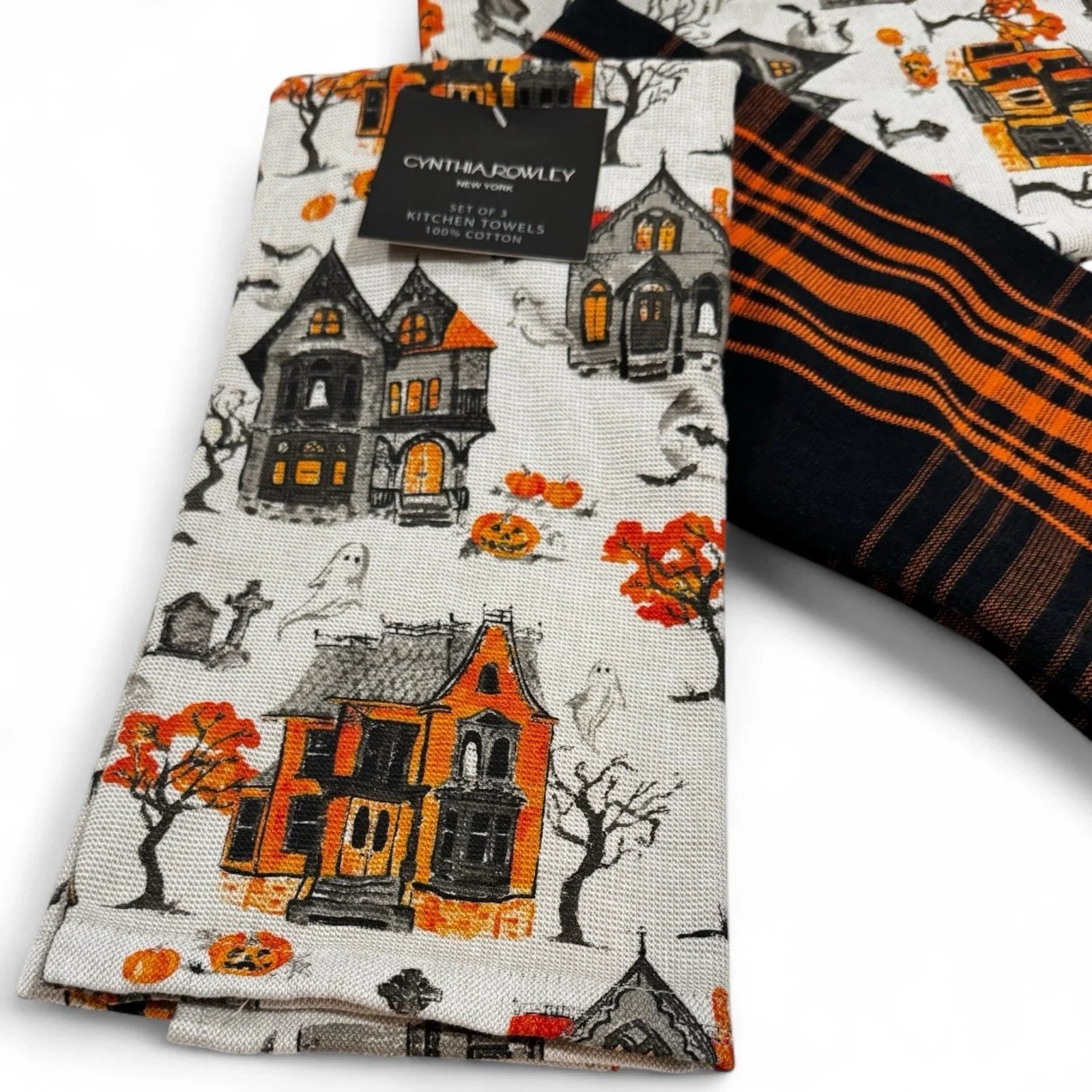 Cynthia Rowley Halloween Kitchen Towels, Haunted Houses Black and Orange, 100% Cotton - Trendiez U ♥ 