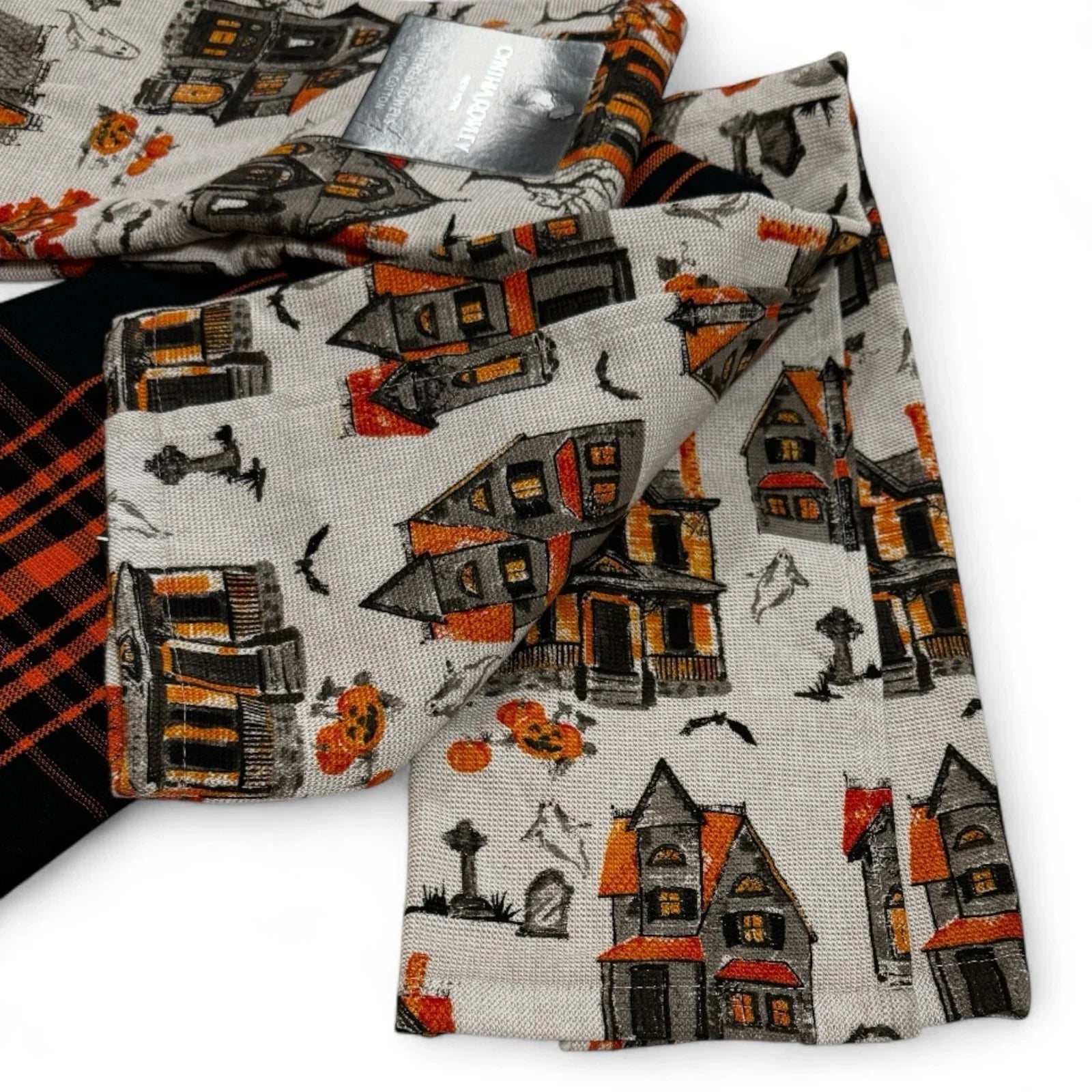 Cynthia Rowley Halloween Kitchen Towels, Haunted Houses Black and Orange, 100% Cotton - Trendiez U ♥ 