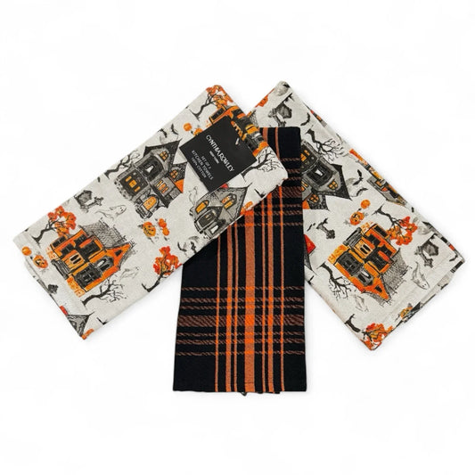 Cynthia Rowley Halloween Kitchen Towels, Haunted Houses Black and Orange, 100% Cotton - Trendiez U ♥ 