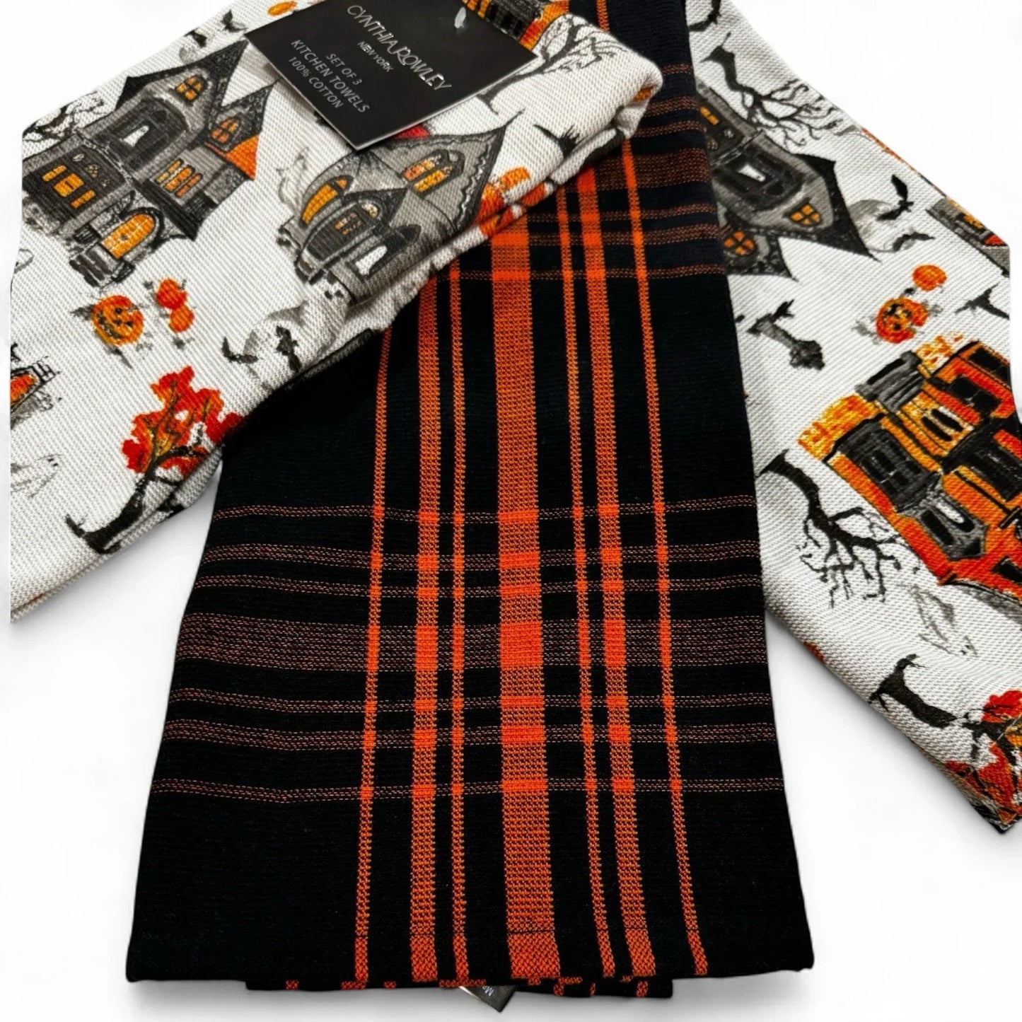 Cynthia Rowley Halloween Kitchen Towels, Haunted Houses Black and Orange, 100% Cotton - Trendiez U ♥ 