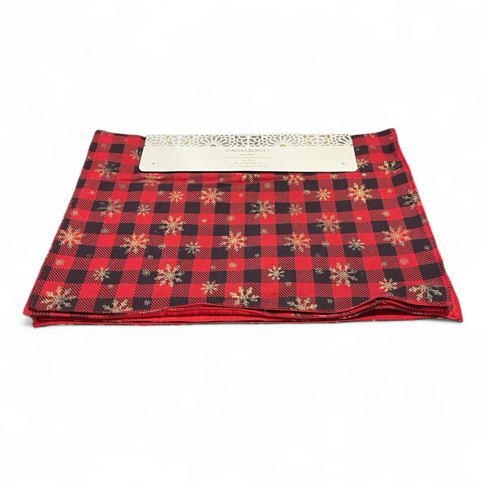 Cynthia Rowley Plaid Placemats Red/Black/Gold Metallic Snowflakes 4PC - Trendiez U ♥ 