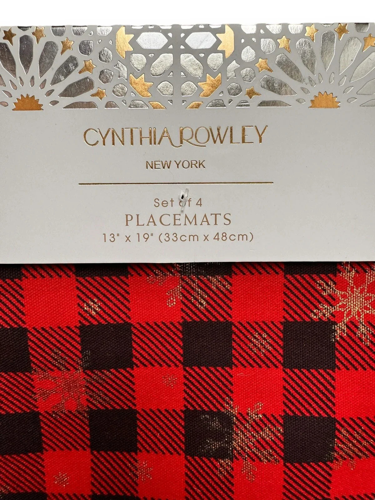 Cynthia Rowley Plaid Placemats Red/Black/Gold Metallic Snowflakes 4PC - Trendiez U ♥ 