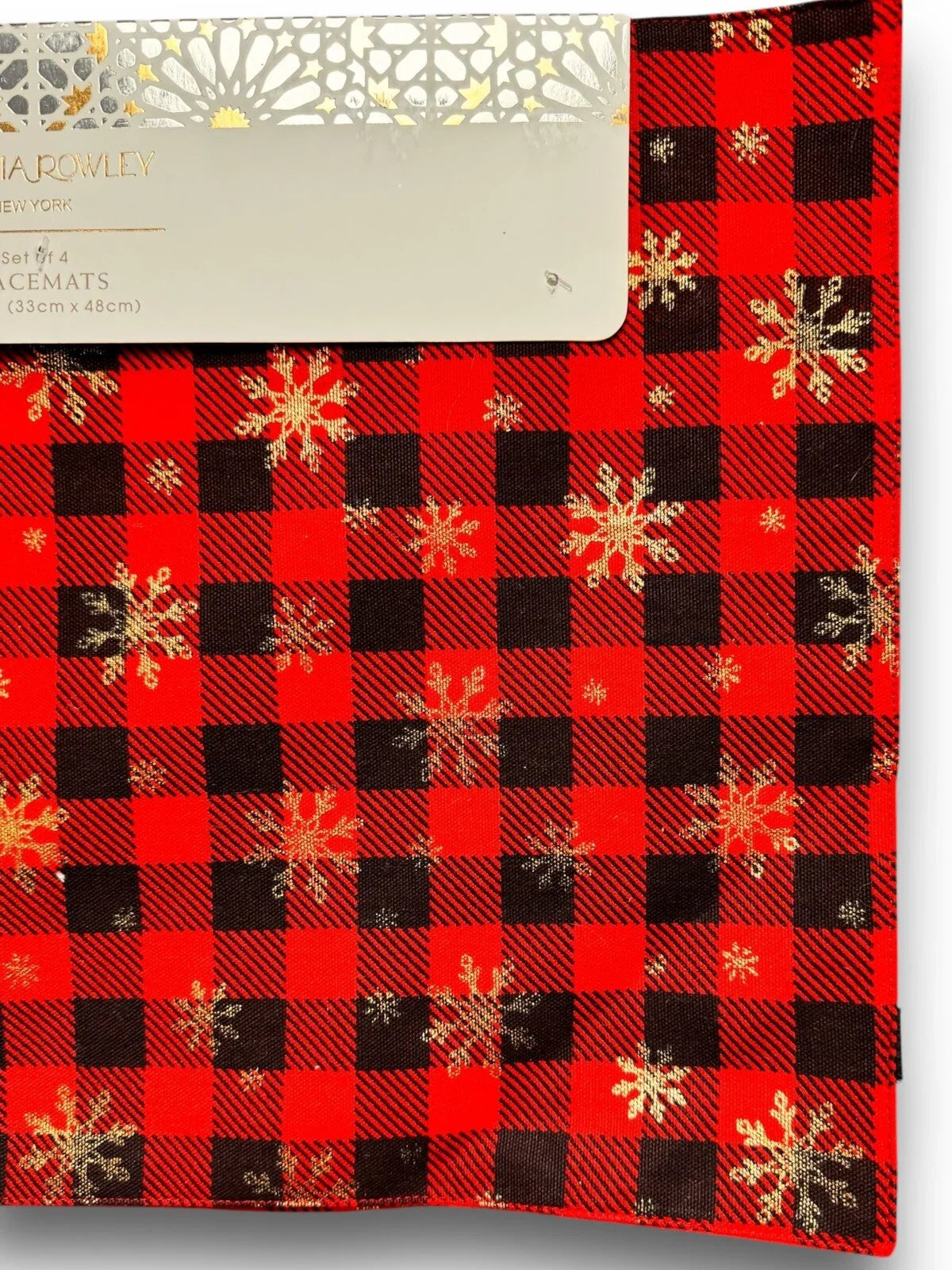 Cynthia Rowley Plaid Placemats Red/Black/Gold Metallic Snowflakes 4PC - Trendiez U ♥ 