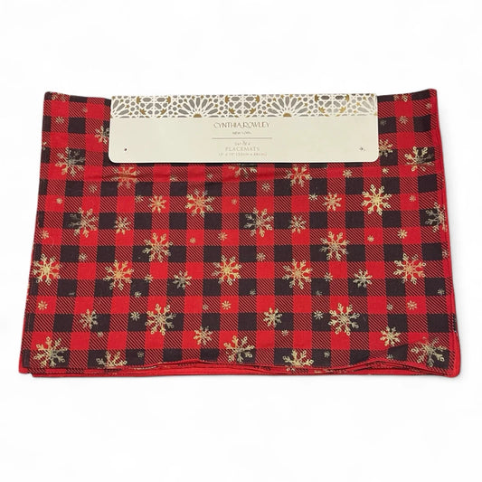 Cynthia Rowley Plaid Placemats Red/Black/Gold Metallic Snowflakes 4PC - Trendiez U ♥ 