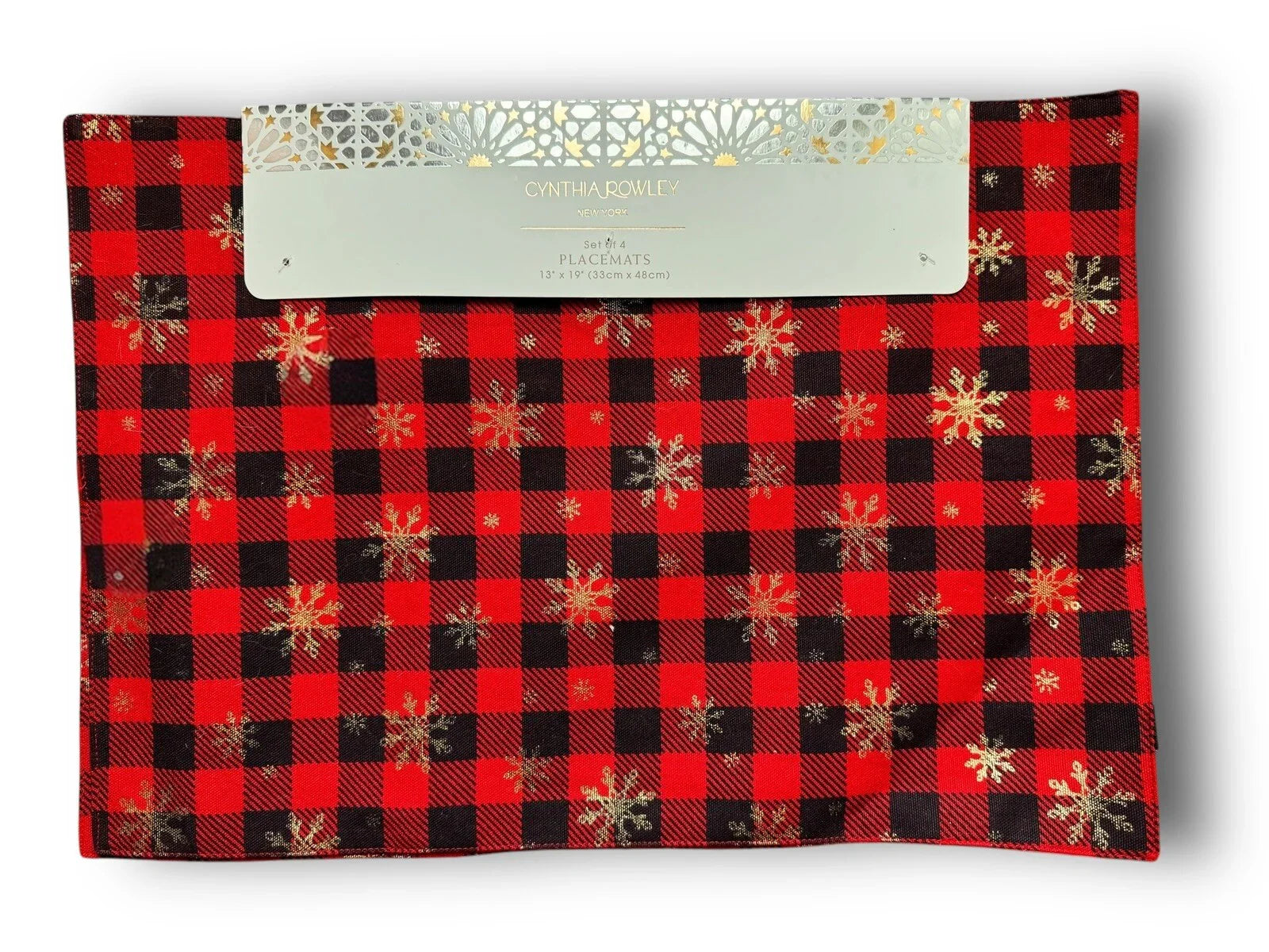 Cynthia Rowley Plaid Placemats Red/Black/Gold Metallic Snowflakes 4PC - Trendiez U ♥ 