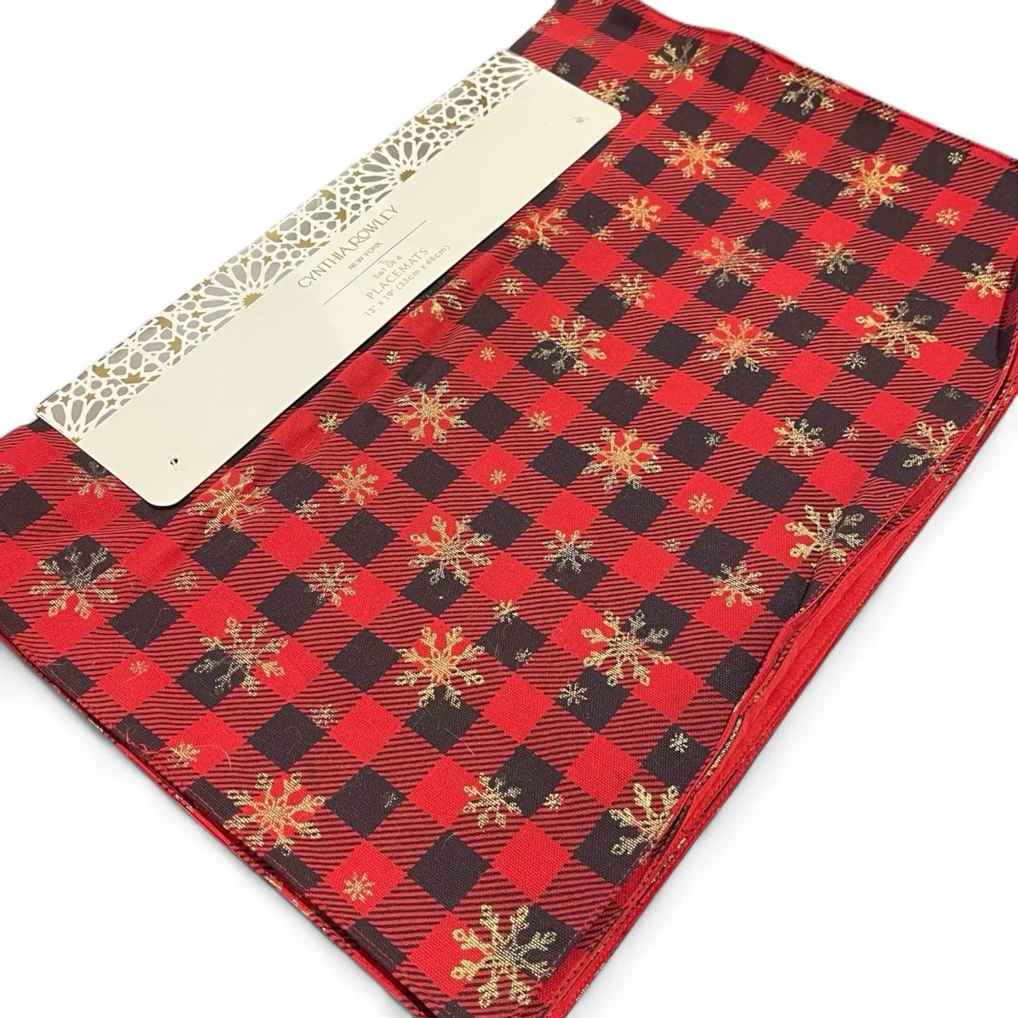 Cynthia Rowley Plaid Placemats Red/Black/Gold Metallic Snowflakes 4PC - Trendiez U ♥ 