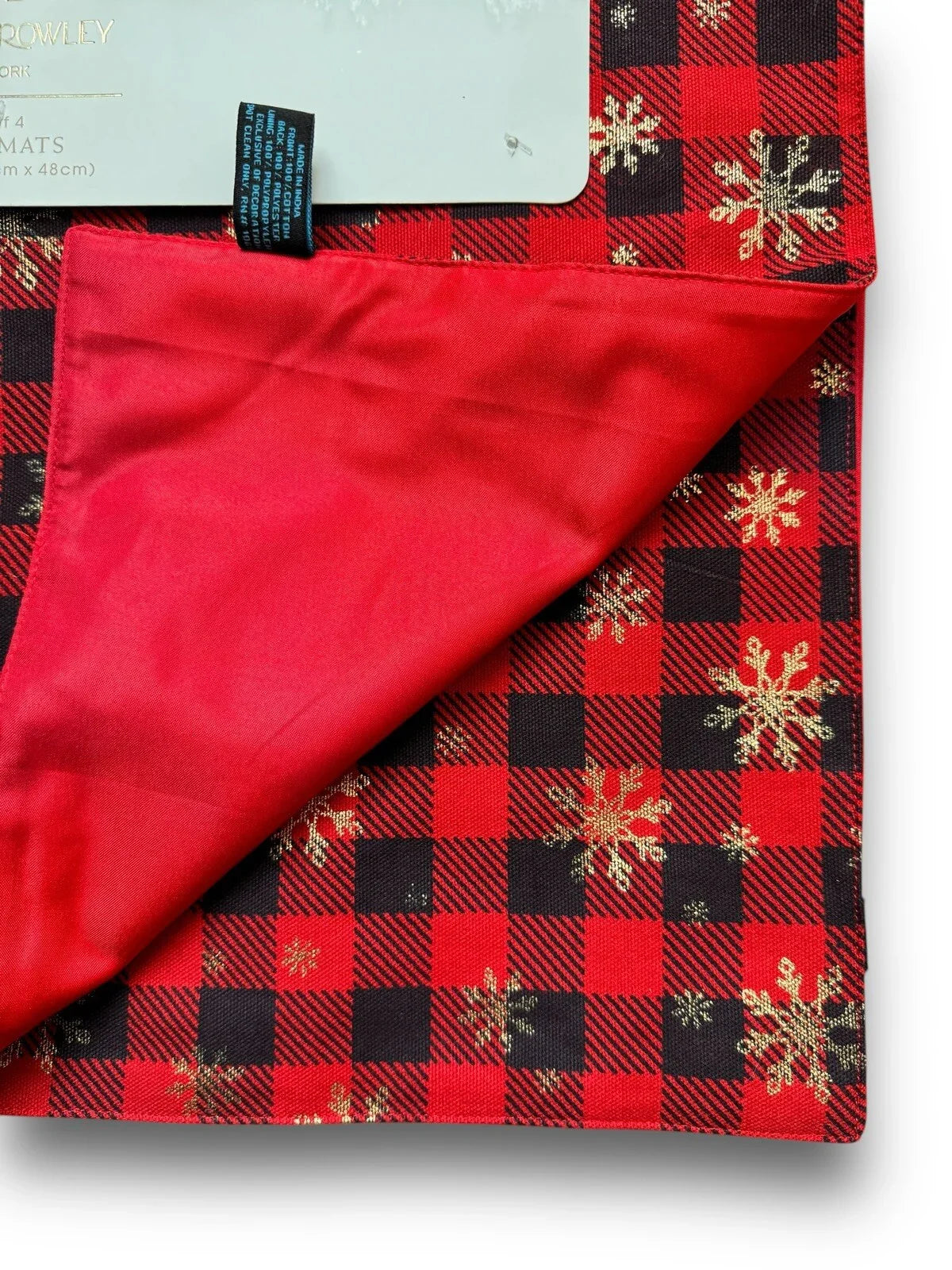 Cynthia Rowley Plaid Placemats Red/Black/Gold Metallic Snowflakes 4PC - Trendiez U ♥ 