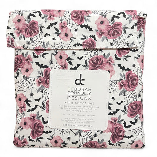 Deborah Connolly Design KING Sheet Set Purple Floral Spider Bat Halloween Theme - Trendiez U ♥ 