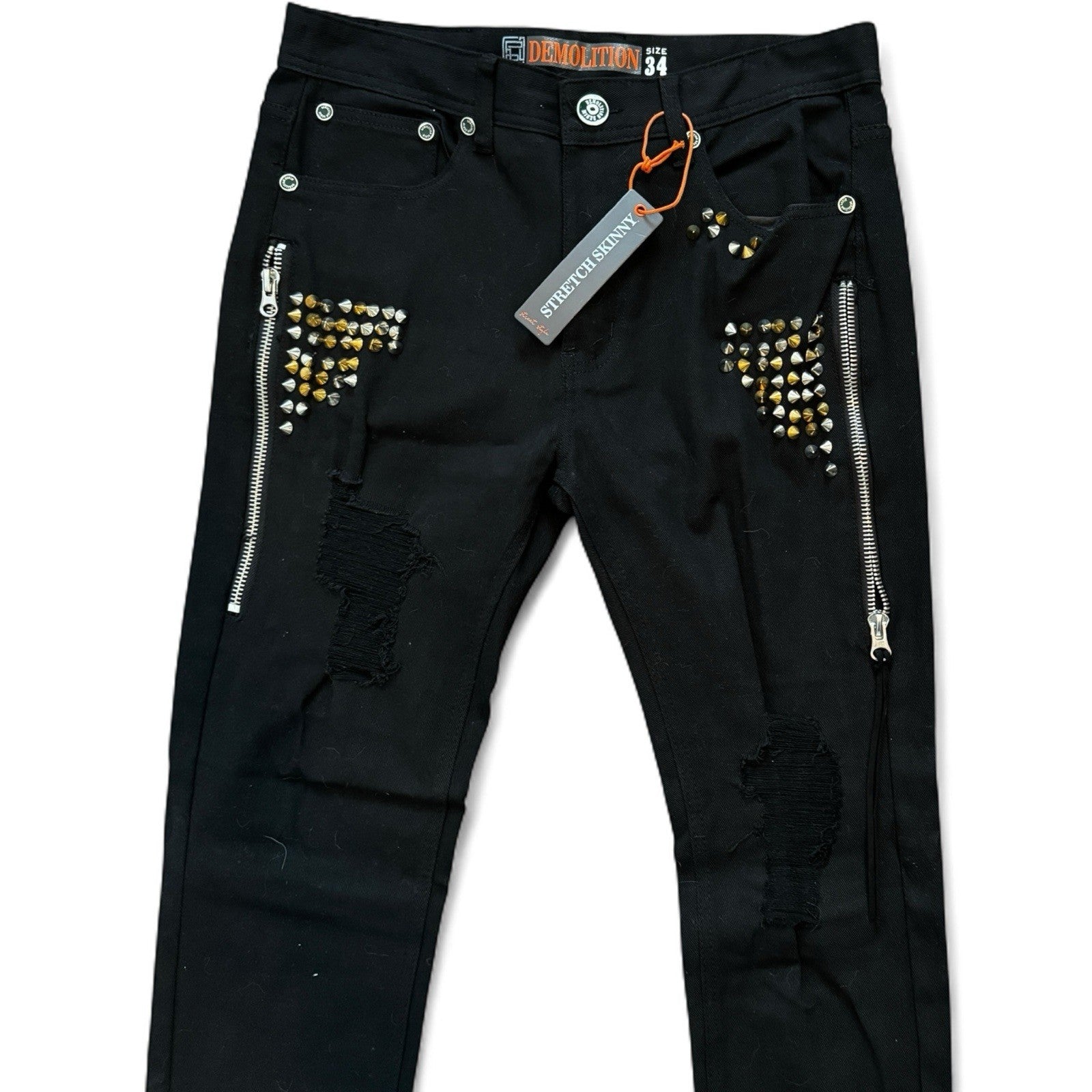 Demolition Men’s Jeans – Black Moto Studden Slim 34x32 - Trendiez U ♥ 