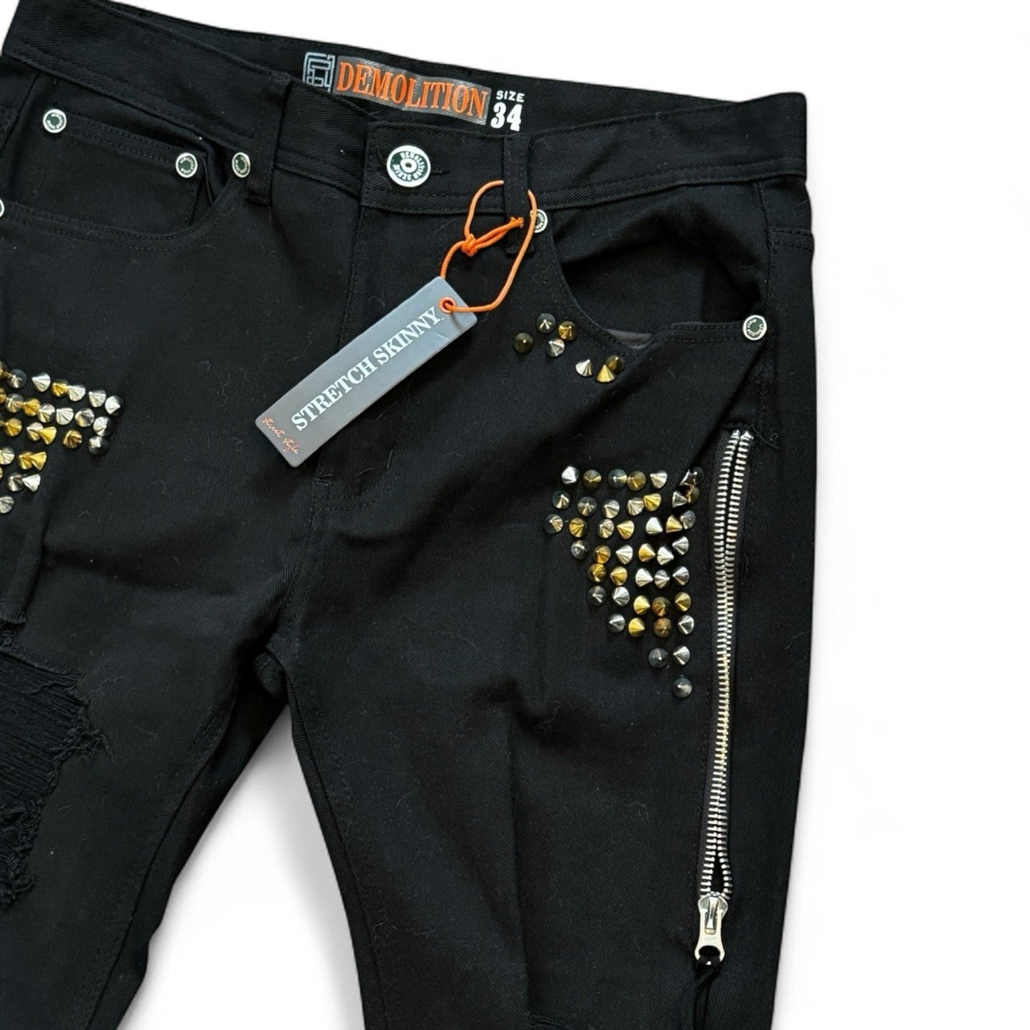 Demolition Men’s Jeans – Black Moto Studden Slim 34x32 - Trendiez U ♥ 