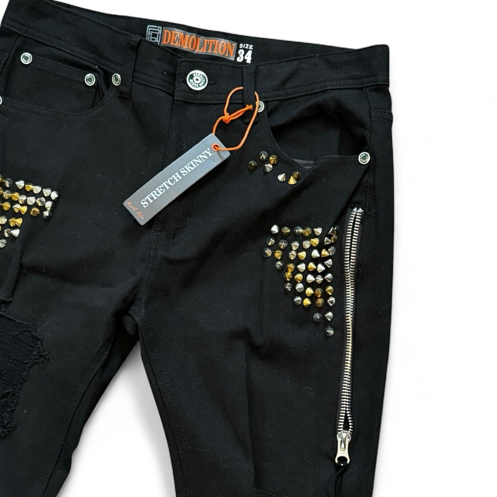 Demolition Men’s Jeans – Black Moto Studden Slim 34x32 - Trendiez U ♥ 