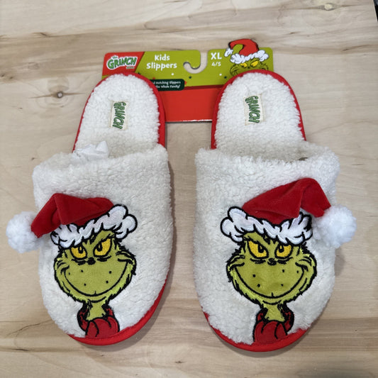 Dr Seuss Grinch White Red Christmas Santa Hat Slippers Kids XL 4/5 - Trendiez U ♥ 