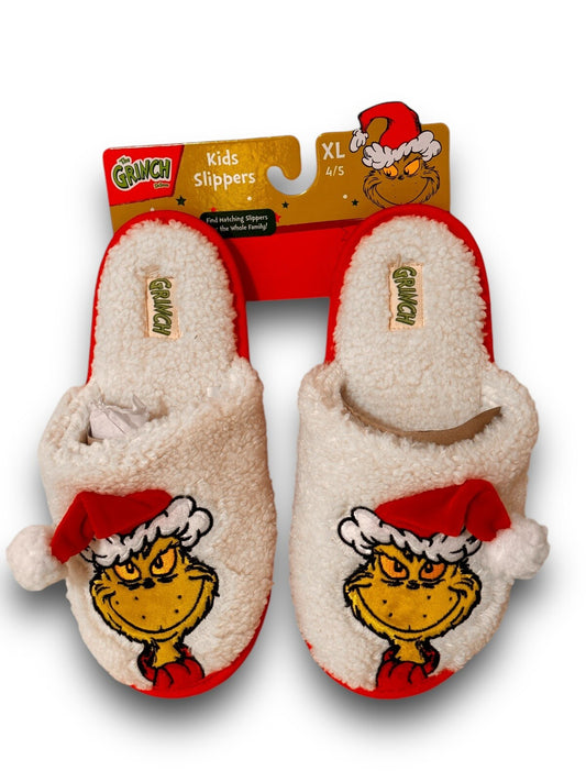 Dr Seuss Grinch White Red Christmas Santa Hat Slippers Kids XL 4/5 - Trendiez U ♥ 