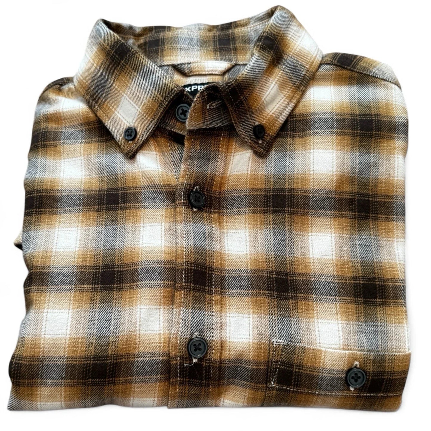 Express Men’s Flannel Shirt – Brown Plaid, Size XS - Trendiez U ♥ 