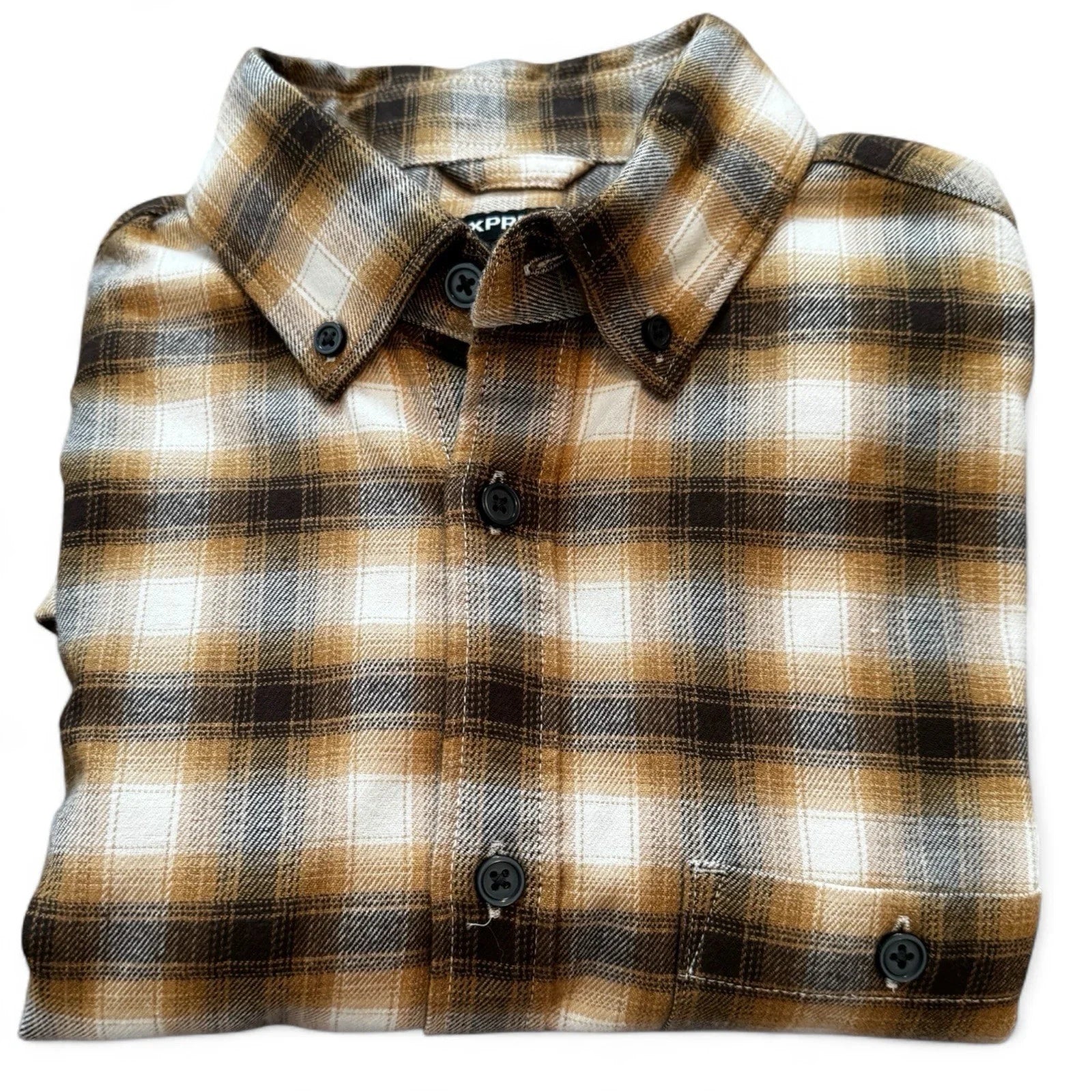 Express Men’s Flannel Shirt – Brown Plaid, Size XS - Trendiez U ♥ 