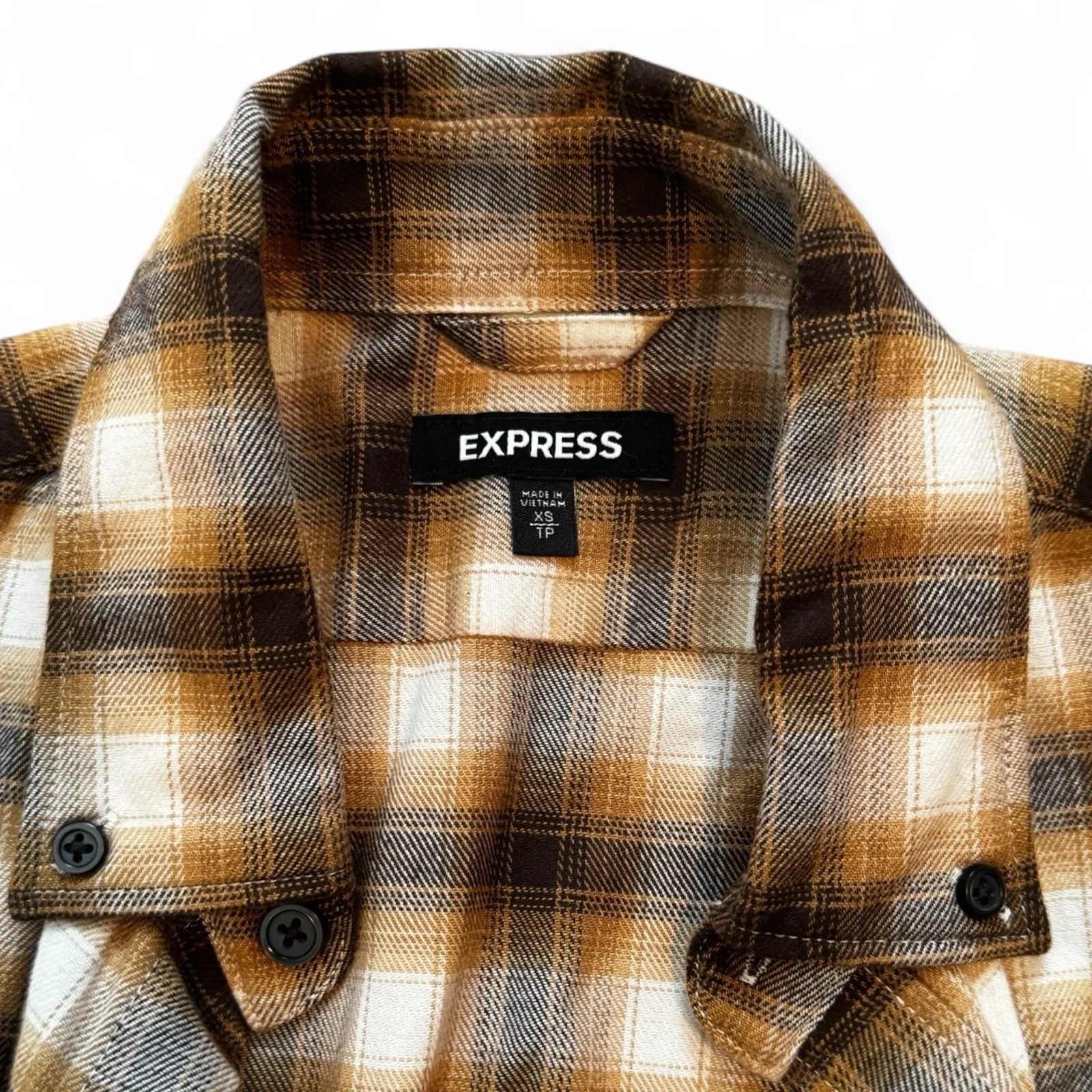 Express Men’s Flannel Shirt – Brown Plaid, Size XS - Trendiez U ♥ 