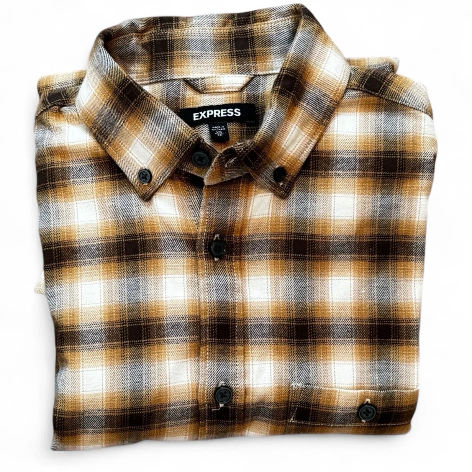 Express Men’s Flannel Shirt – Brown Plaid, Size XS - Trendiez U ♥ 