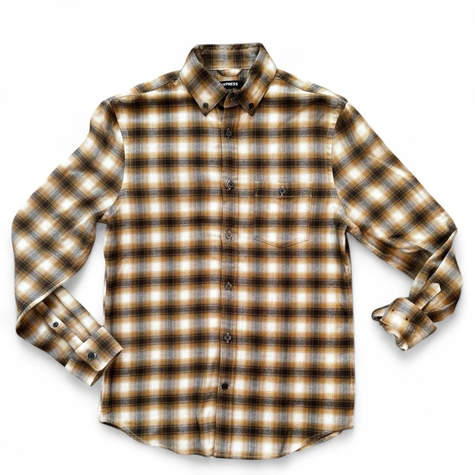 Express Men’s Flannel Shirt – Brown Plaid, Size XS - Trendiez U ♥ 