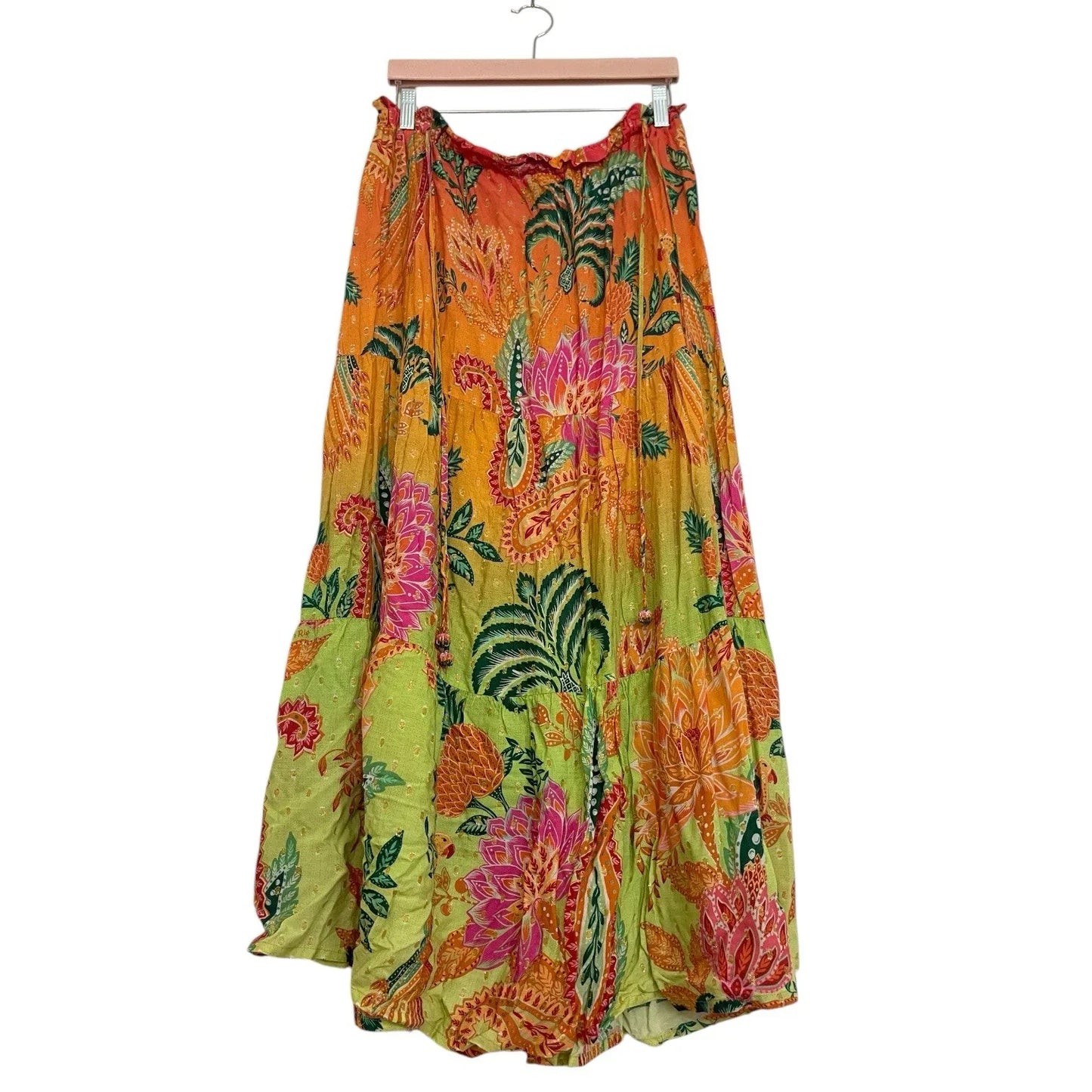 Farm Rio Midi Skirt Cropped Araras Viscose Lurex Beaded Size Large - Trendiez U ♥ 