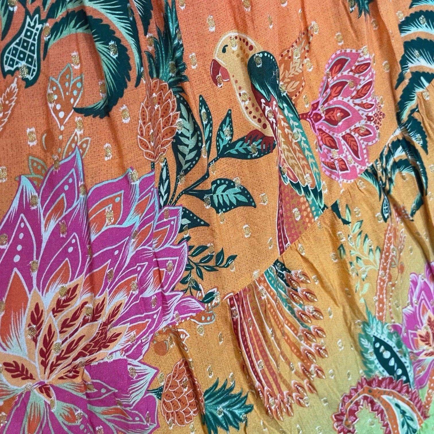 Farm Rio Midi Skirt Cropped Araras Viscose Lurex Beaded Size Large - Trendiez U ♥ 