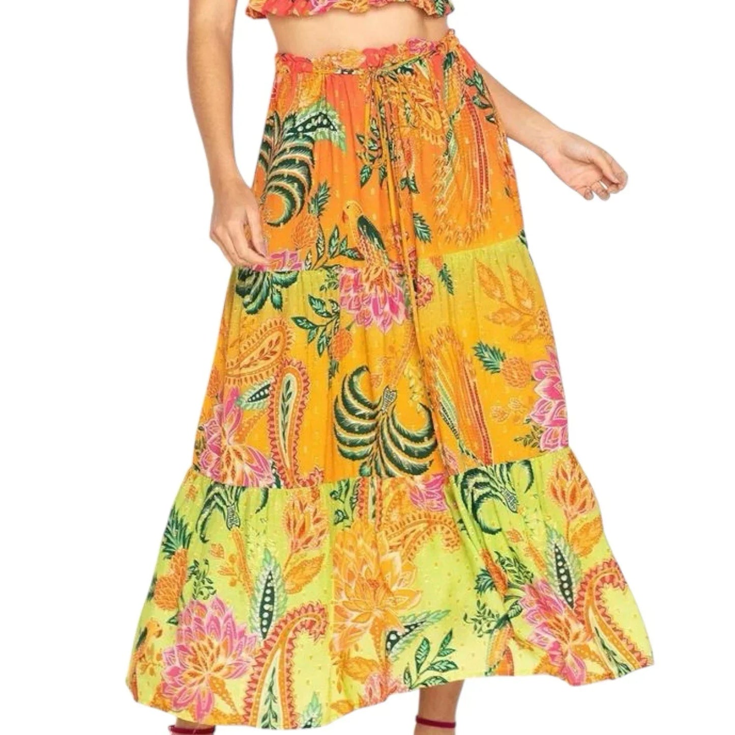 Farm Rio Midi Skirt Cropped Araras Viscose Lurex Beaded Size Large - Trendiez U ♥ 