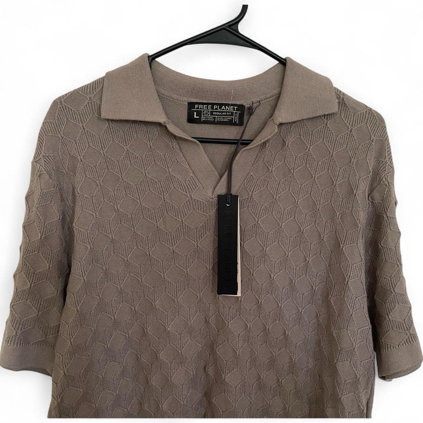 Free Planet Mens Large Crochet Knit Sweater Polo Shirt Ribbed Geo Pattern - Trendiez U ♥ 