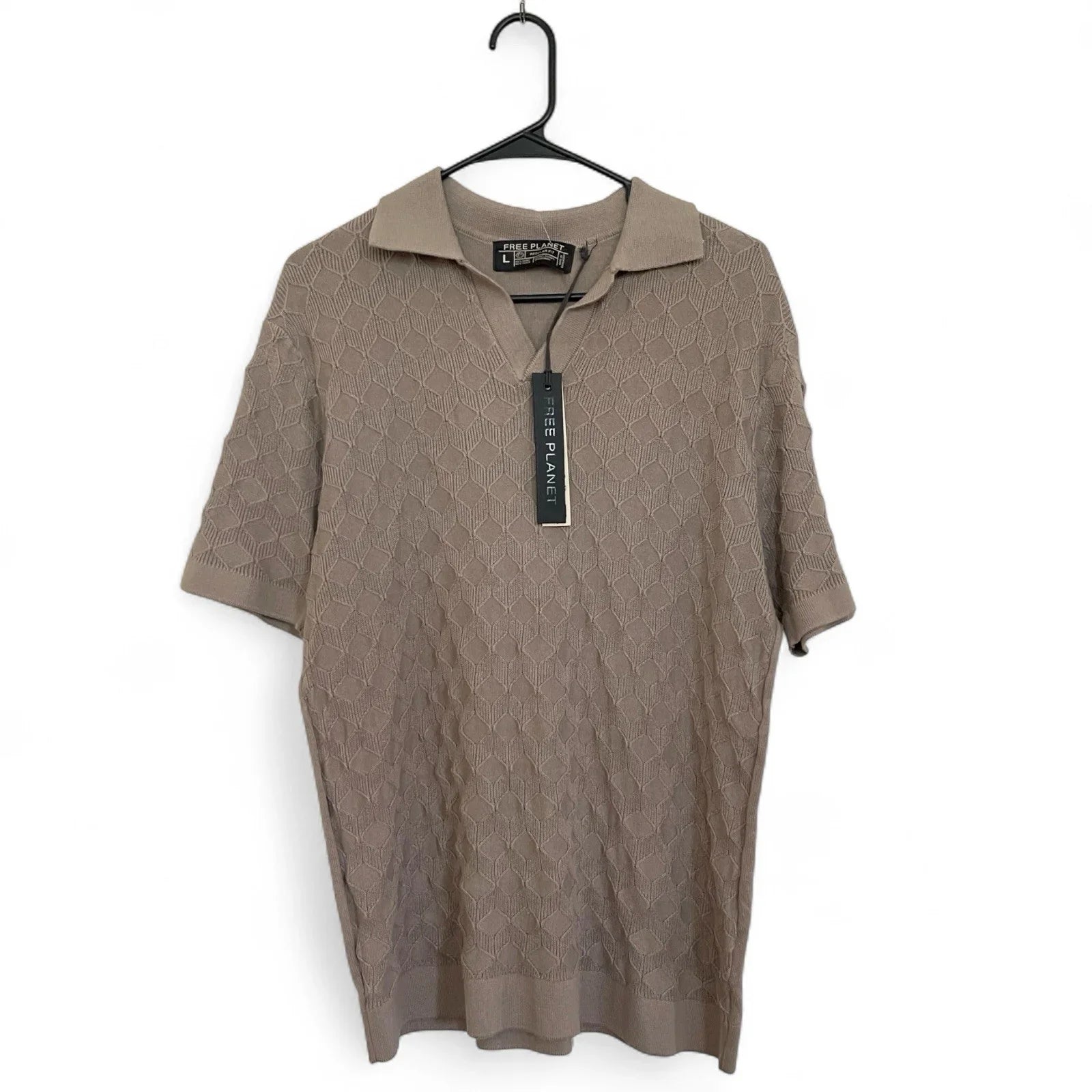 Free Planet Mens Large Crochet Knit Sweater Polo Shirt Ribbed Geo Pattern - Trendiez U ♥ 