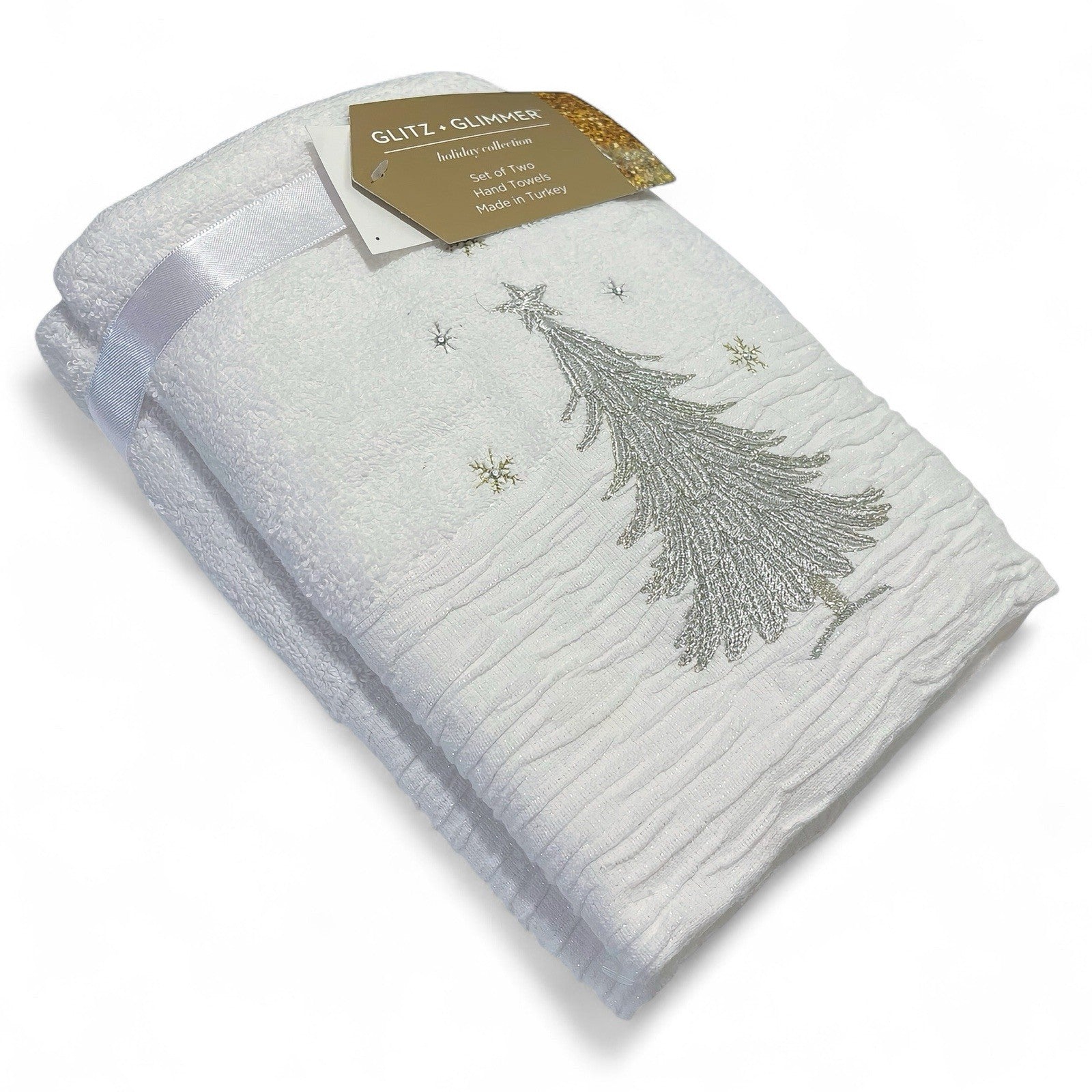 Glitz+Glimmer Christmas Hand Towels Silver/Gold Rhinestones Embroidered Turkish - Trendiez U ♥ 