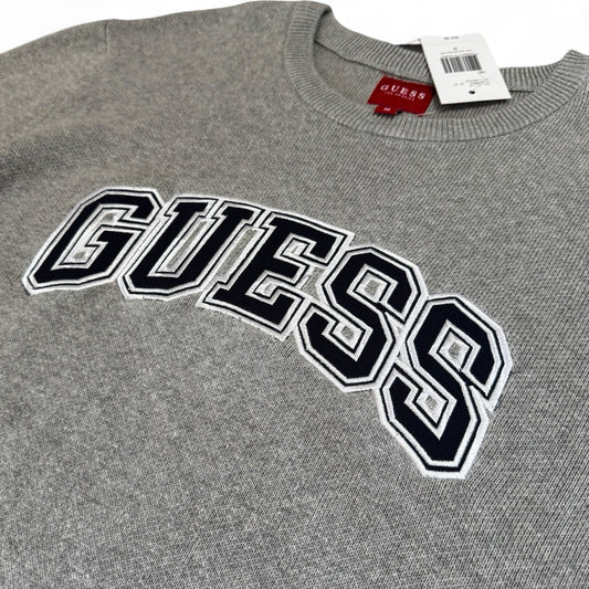 Guess Men’s Cotton Sweater – Gray with Navy Logo, Medium - Trendiez U ♥ 