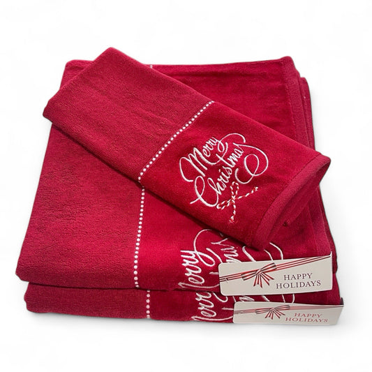 Happy Holidays Christmas 3pc Bath Towel Set Embroidered Cotton Vintage-Inspired - Trendiez U ♥ 
